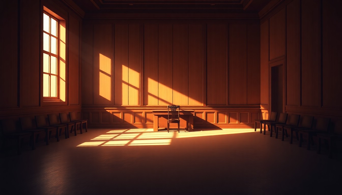 A dimly lit, empty courtroom with a single chair and desk, the room's warm lighting and deep shadows creating a sense of quiet contemplation and unresolved tension.