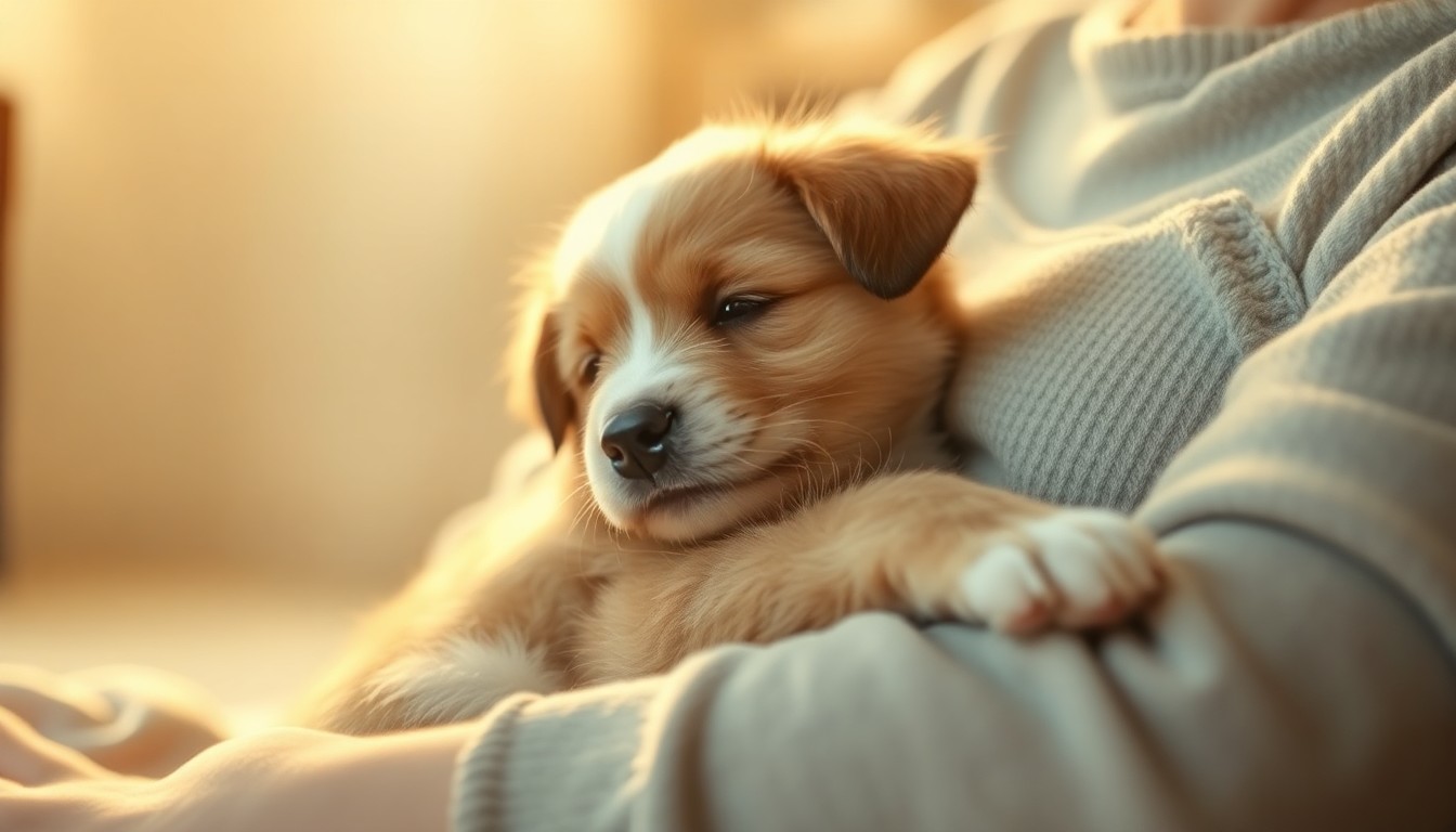 An abstract, out-of-focus photograph depicting the warm, intimate connection between a puppy and their human, conveying a sense of domestic comfort and affection.