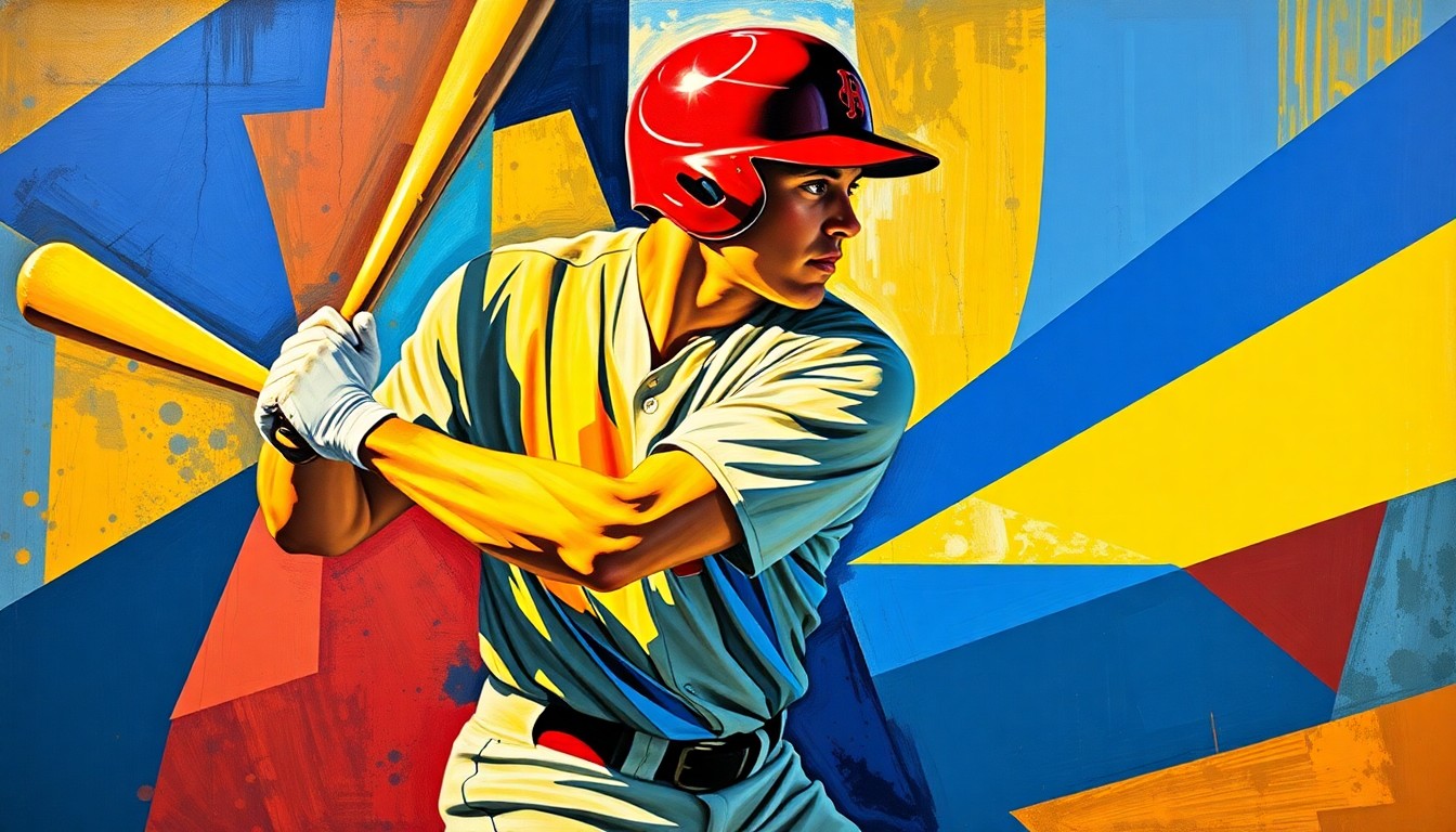 A fragmented, geometric painting depicting the overlapping motions of a baseball player's batting swing, rendered in a vibrant color palette of blues, reds, and yellows.