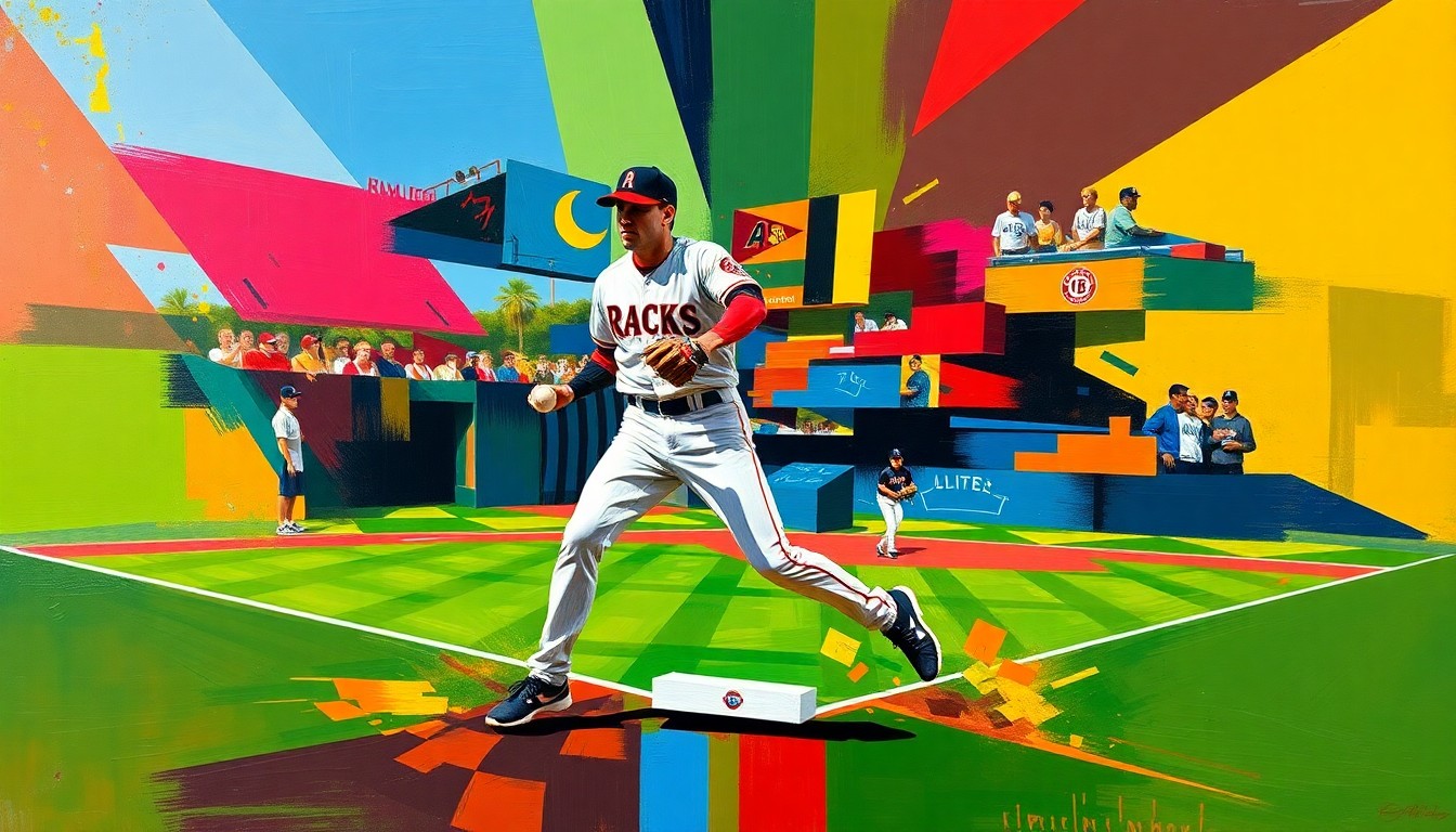 A fractured, multi-perspective painting breaking down a baseball player's actions on the field into sharp, overlapping geometric planes in the colors of the Arizona Diamondbacks.