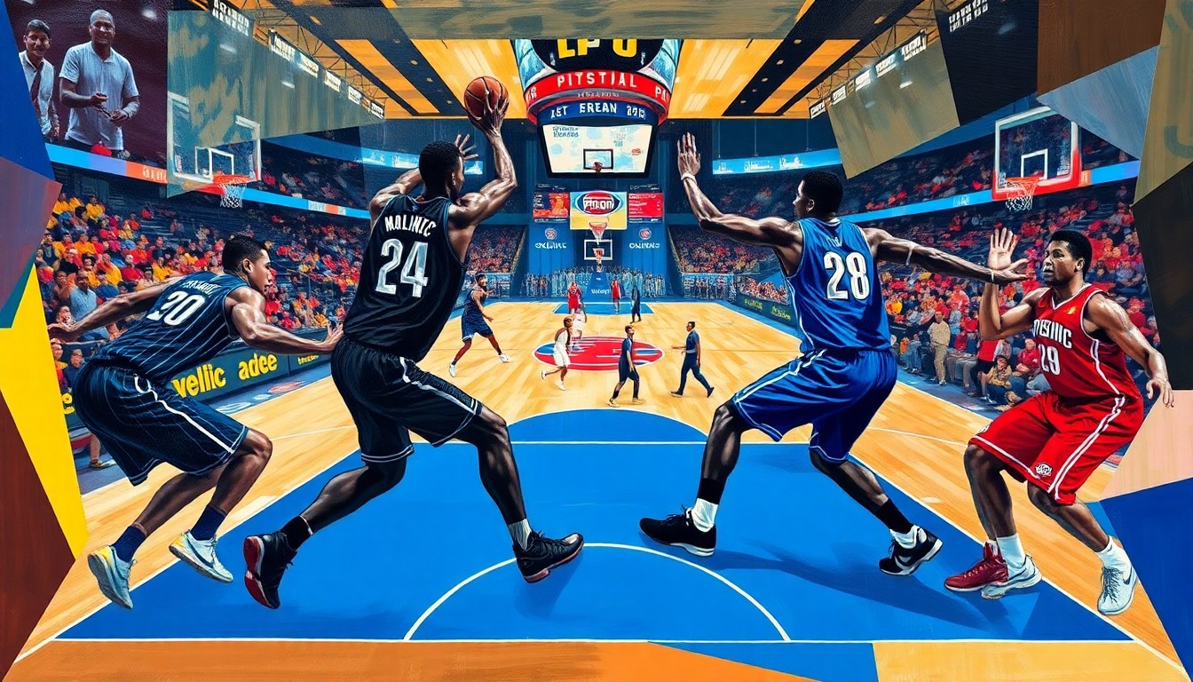 A fragmented, geometric painting in the style of Pablo Picasso, depicting the dynamic movements and overlapping forms of basketball players on a court, with the arena fading into the background.