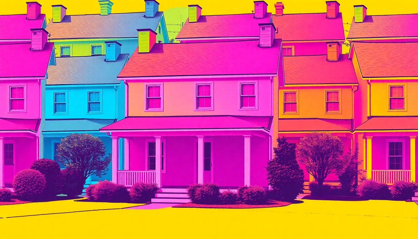 A brightly colored, high-contrast silkscreen print of a single colonial-style house repeated in a tight grid pattern, utilizing flat, vibrant neon color palettes and heavy black photographic outlines to transform the everyday suburban home into modern pop art.