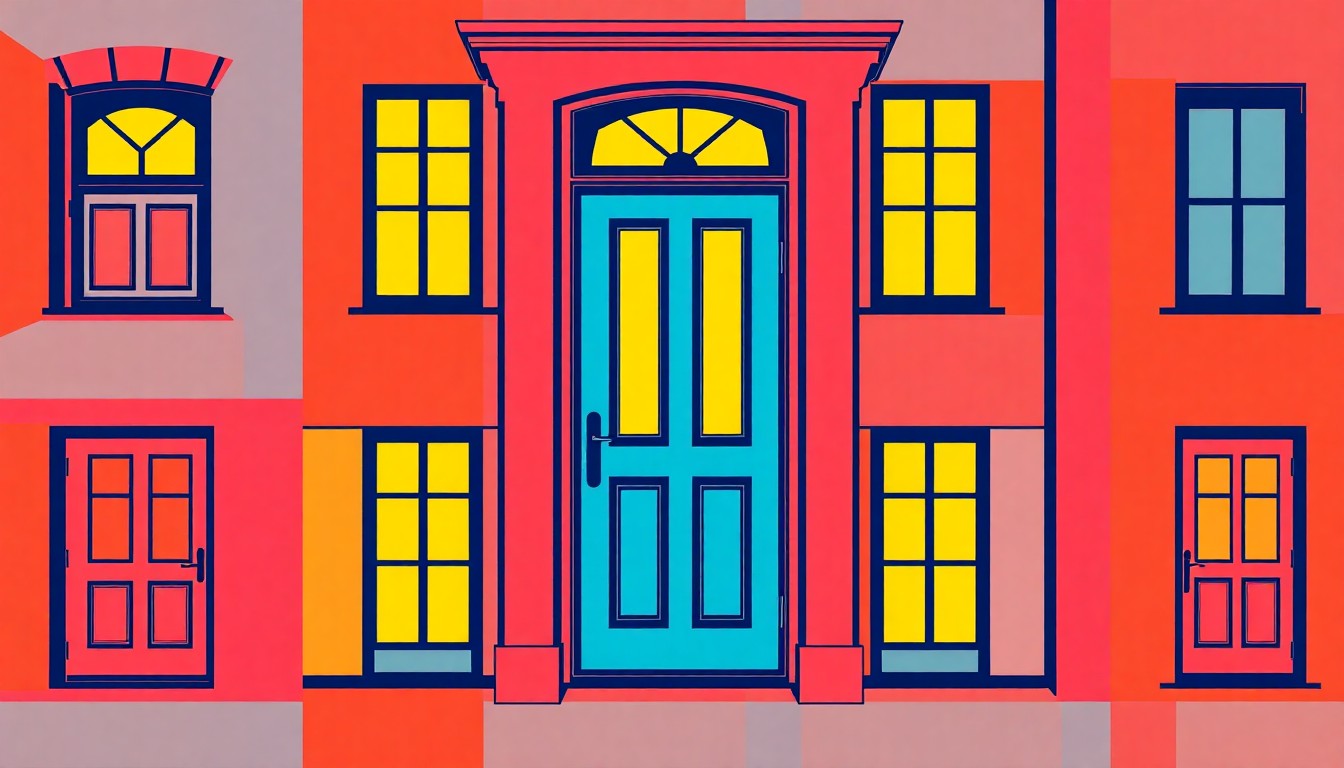 A high-contrast silkscreen print in neon colors featuring a repeating pattern of a single architectural element from a luxury home, such as a front door or window frame, creating a modern pop art interpretation of a real estate listing.