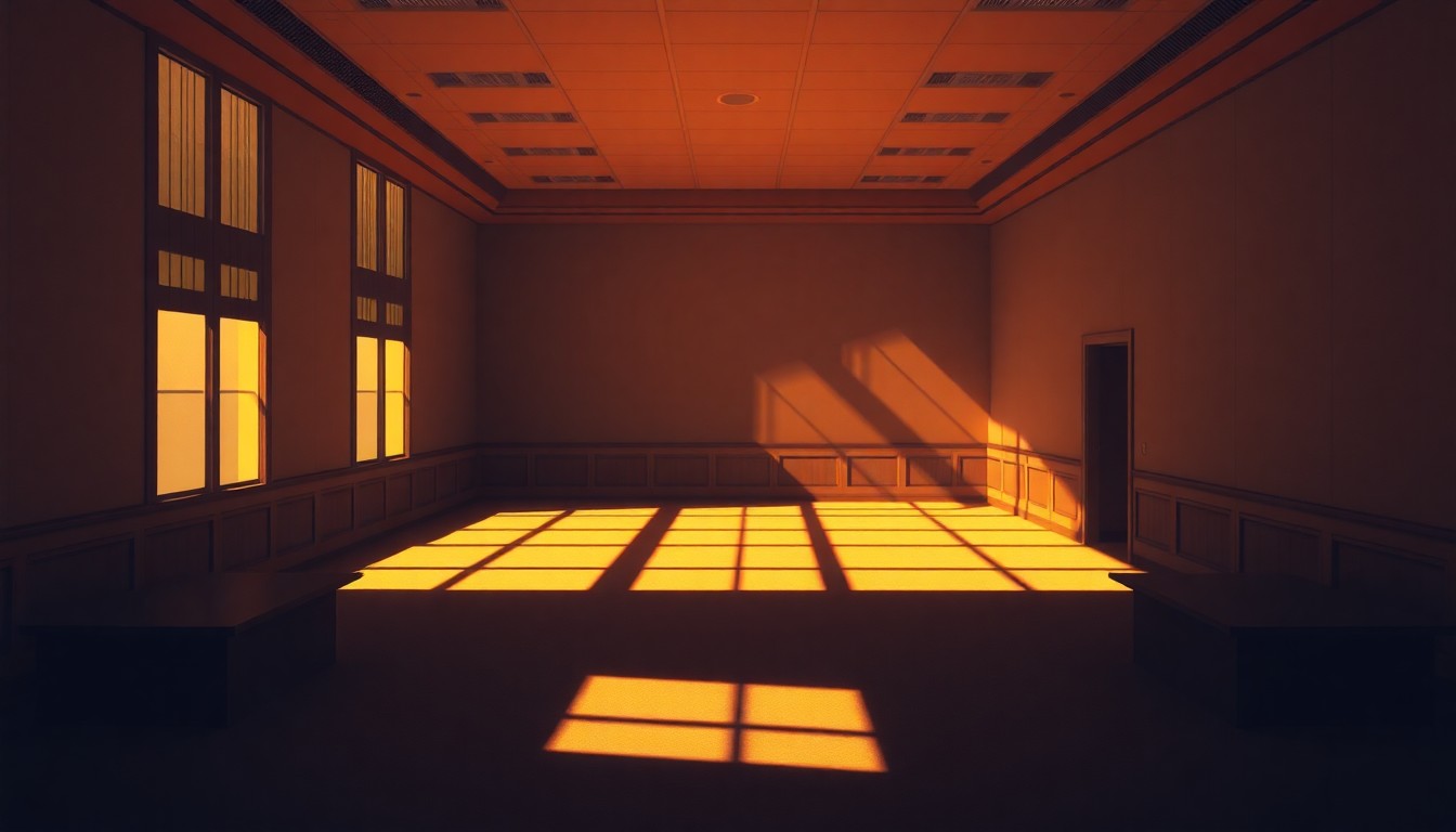 A serene, cinematic painting of an empty government office space bathed in warm, diagonal sunlight and deep shadows, conceptually representing the quiet contemplation and bureaucratic power at the heart of this Supreme Court case.