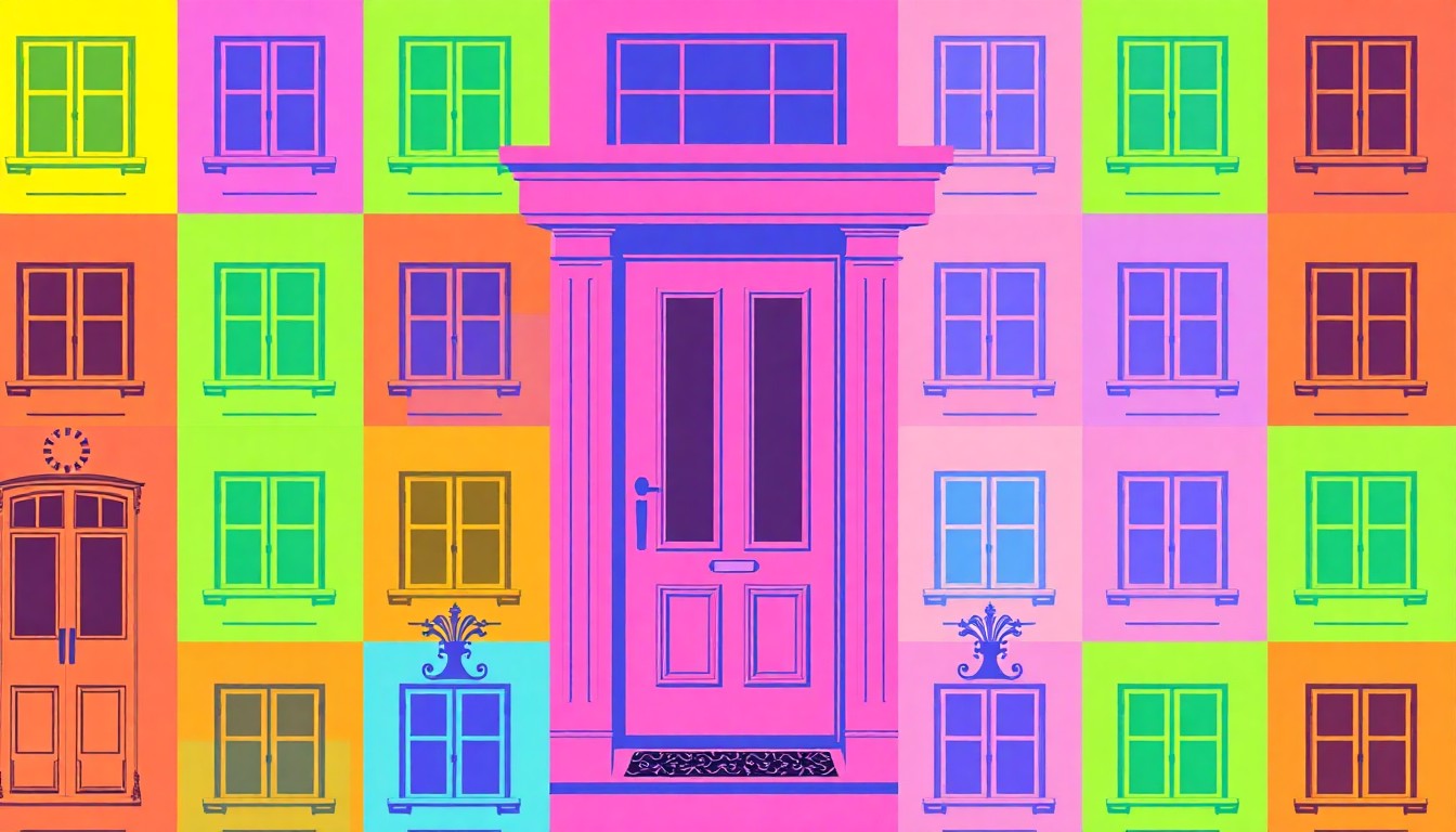 A high-contrast, silkscreen-style illustration featuring a repeating pattern of a single, iconic architectural element from the luxury home, such as a window or front door, rendered in a bold, neon color palette that transforms the everyday into modern pop art.