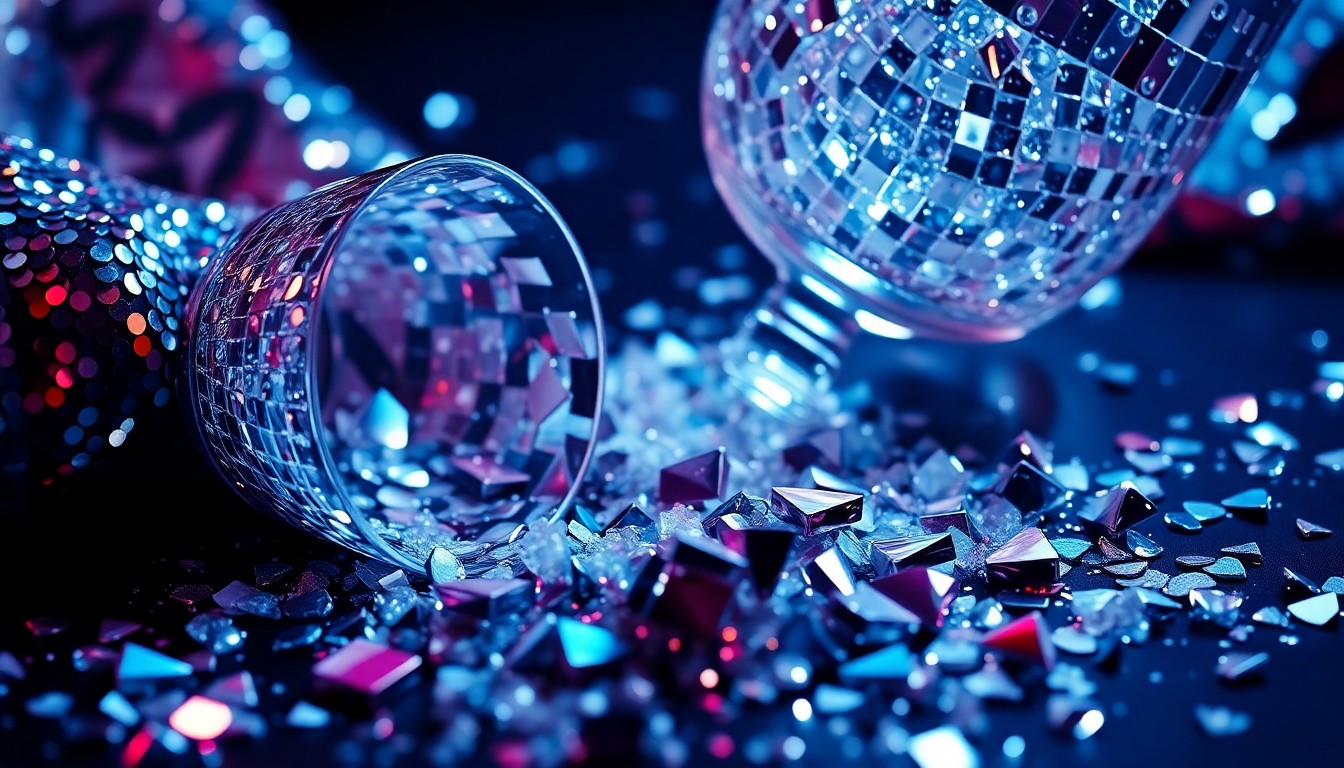 An extreme close-up photograph of shimmering sequins and shattered glass, capturing the luxurious and high-energy aesthetic of a glamorous night out in Nashville.