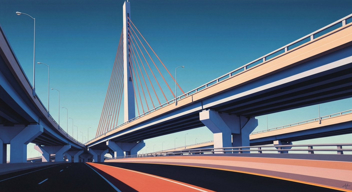 A bold, geometric illustration in the Art Deco style, depicting a towering freeway overpass or bridge structure in shades of blue and gray, conveying the grand scale of transportation infrastructure without any literal depiction of people or vehicles.