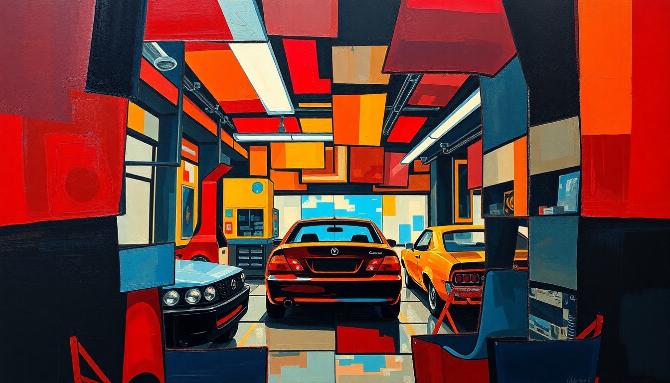 A fractured, geometric painting depicting the interior of a car repair shop, with sharp, overlapping planes of color representing the industry's transformation.