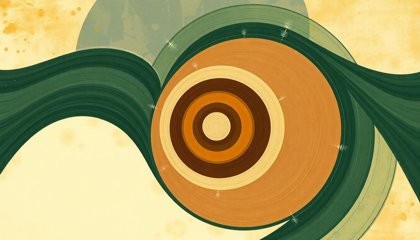 An abstract, highly structured painting in earthy tones of green, brown, and ochre, depicting the complex interplay of natural forces and ecological systems that threaten the survival of giant sequoia trees in California. The composition resembles a massive, wordless scientific diagram, using sweeping geometric arcs, concentric circles, and precise botanical spirals to convey the fragile balance of the sequoia ecosystem.