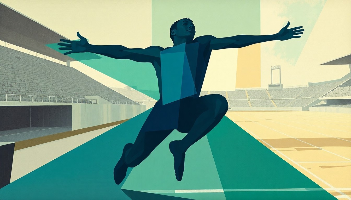 A fractured, geometric painting depicting an abstract long jump competition, with the jumper's body broken down into sharp, overlapping shapes in a palette of blues, greens, and grays.