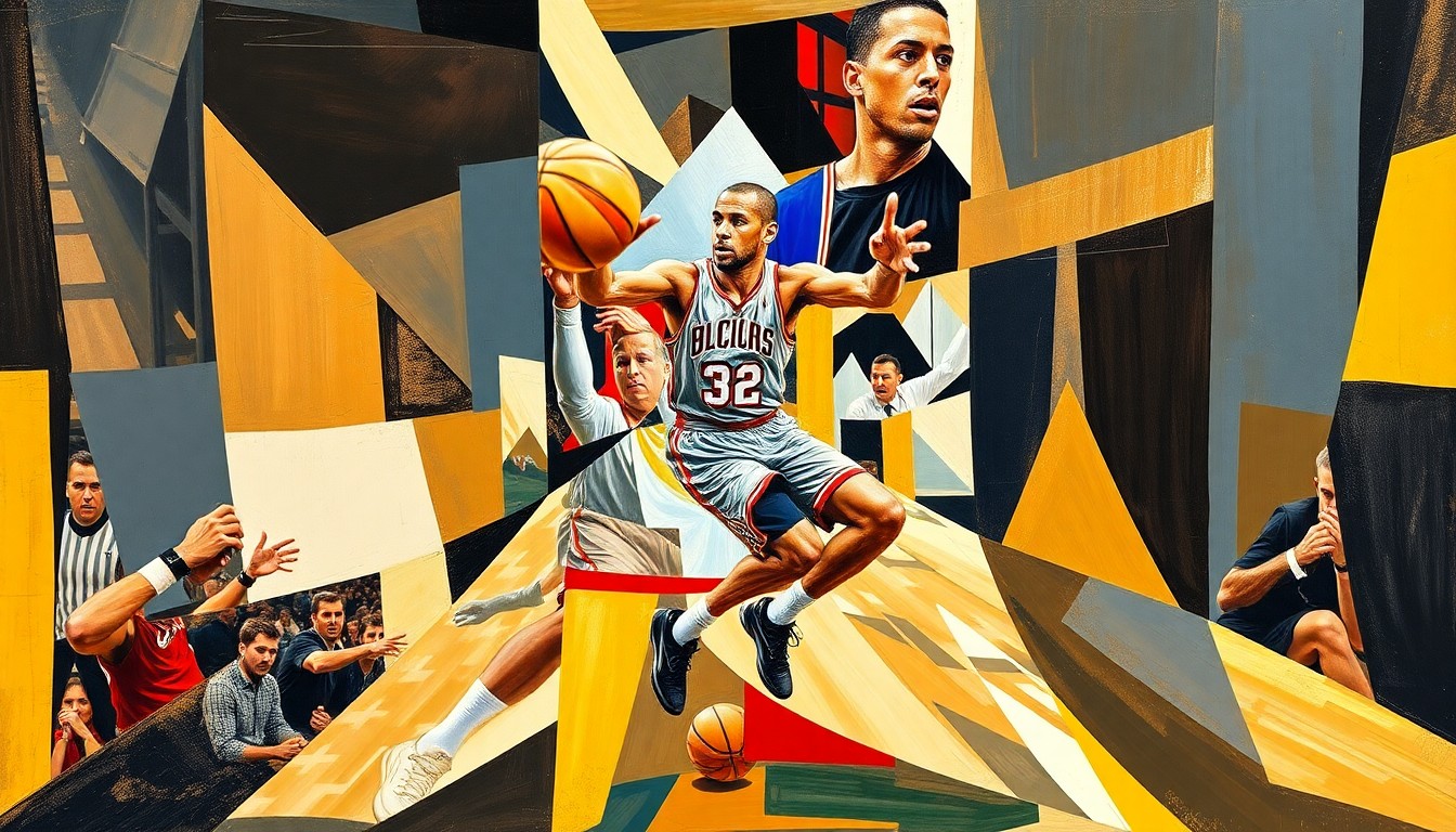 A cubist-style painting depicting the fragmented movements and energy of a basketball player, representing the uncertainty surrounding Joel Embiid's injury and its impact on the 76ers' playoff chances.