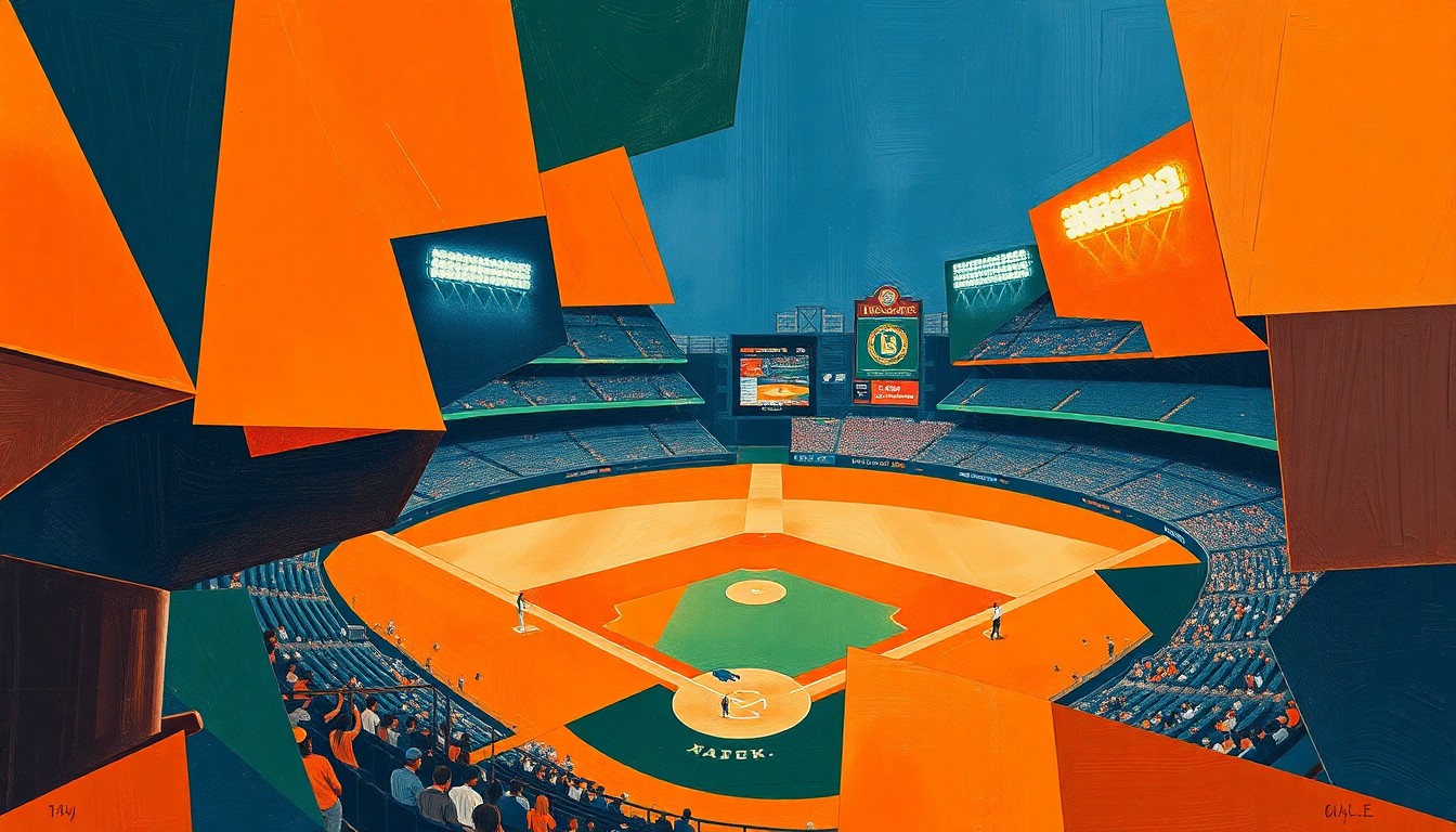 A cubist, geometric painting depicting a baseball game or match, with overlapping planes of orange, navy blue, and forest green shapes representing the players and action on the field.