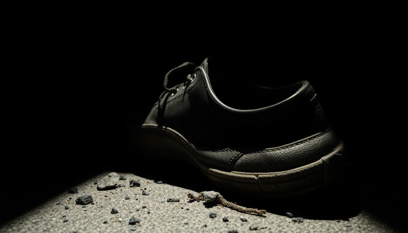 An extreme close-up photograph of a discarded, weathered shoe partially obscured by shadows, conveying a sense of isolation and neglect.
