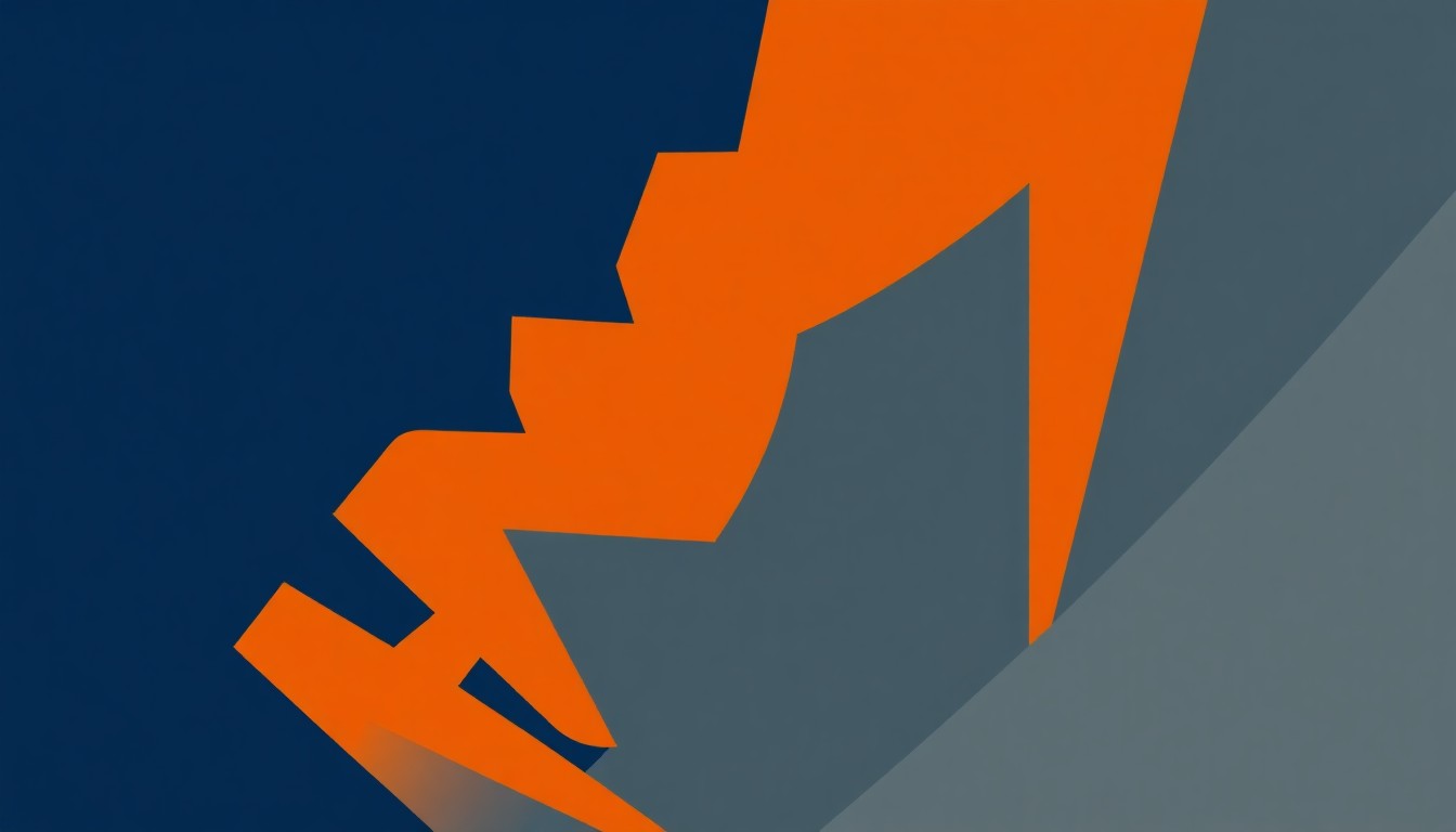 A dynamic, abstract illustration composed of overlapping geometric shapes in shades of blue, orange, and grey, conveying the energy and diversity of a music festival.