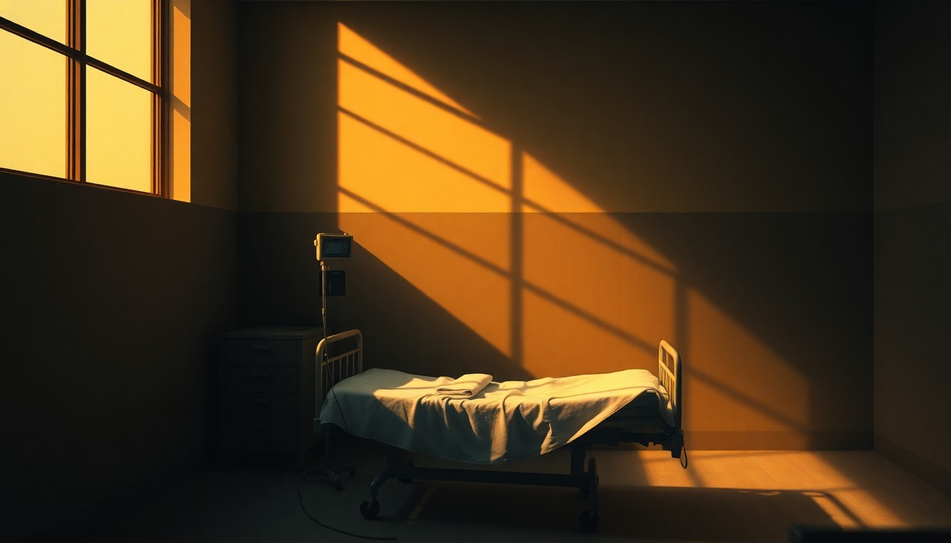 A serene, cinematic painting of a solitary hospital bed or medical equipment, bathed in warm, diagonal sunlight and deep shadows, evoking a sense of quiet contemplation and the human impact of the Haitian TPS uncertainty.