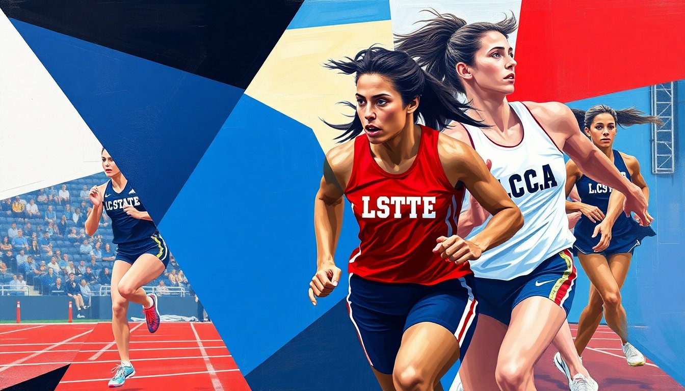 A cubist-style painting featuring sharp, overlapping geometric shapes in the team colors of navy blue, red, and white, conceptually representing the energy and movement of a women's track and field competition.