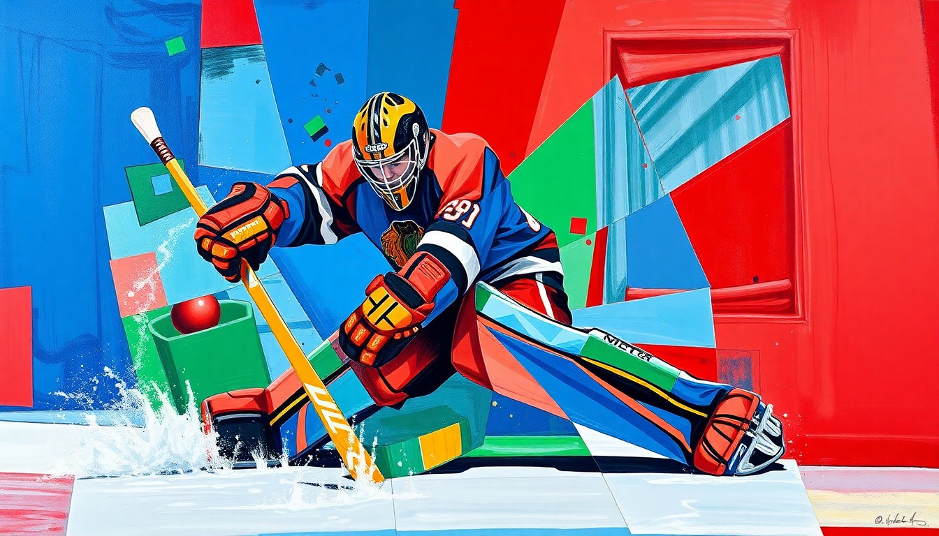 A cubist, geometric painting depicting a hockey goaltender making a save, with the player's body and equipment broken down into sharp, overlapping planes of color.