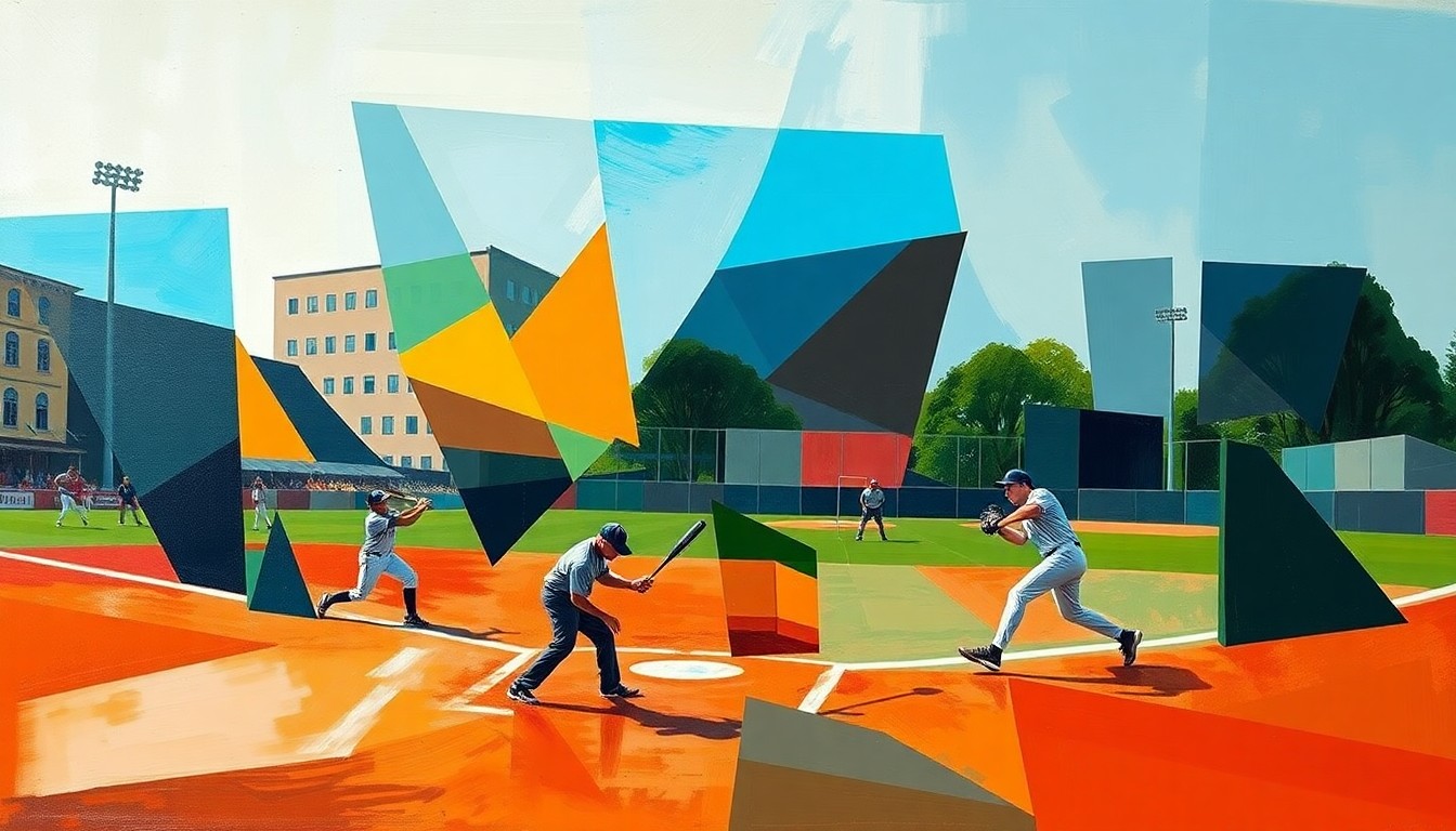 A cubist, geometric painting depicting a softball game in motion, with the players and field broken down into overlapping planes of color and shape, capturing the dynamic energy of the sport.