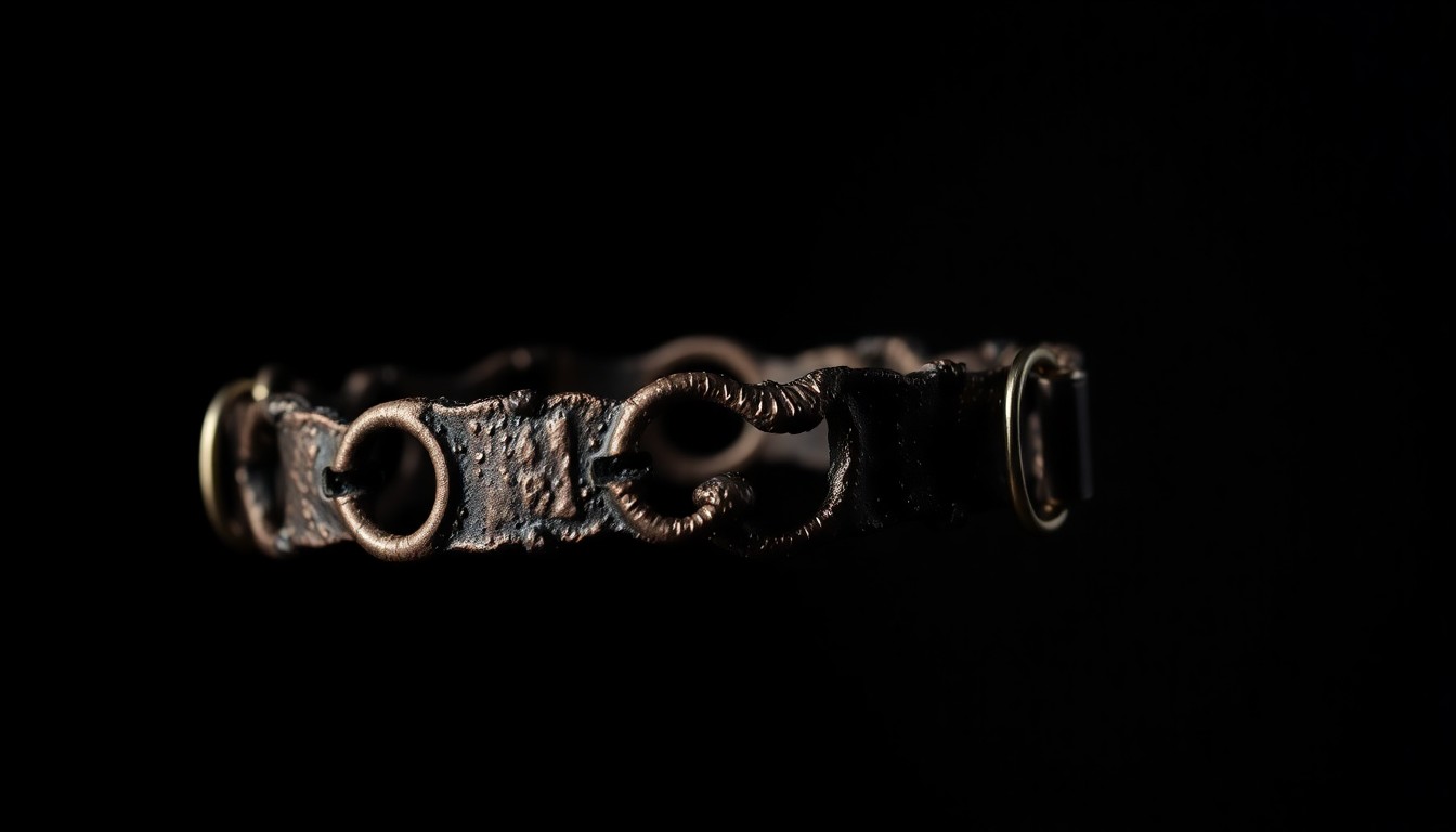 An extreme close-up photograph of a charred, twisted metal dog collar against a pitch-black background, conveying the tragic aftermath of an act of animal abuse through stark, dramatic lighting and focus on textural details.