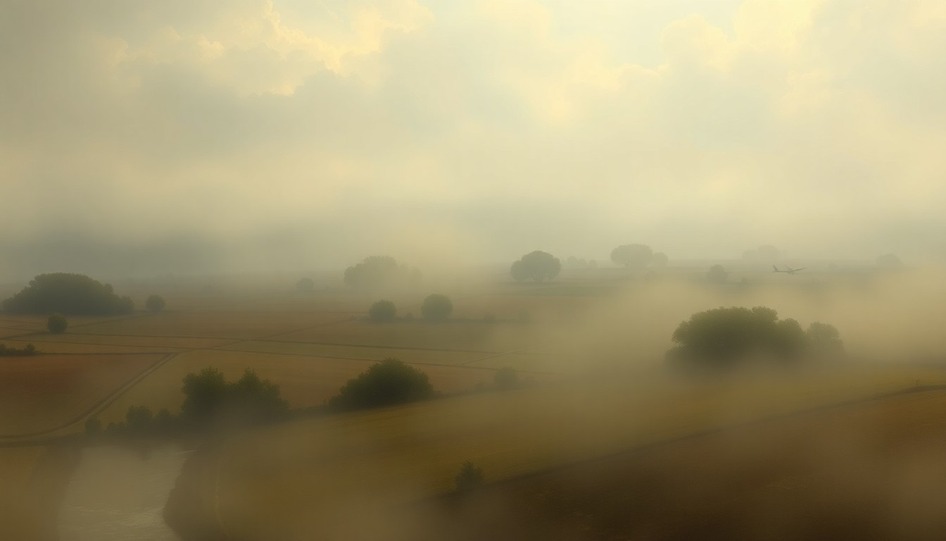 A sweeping, atmospheric landscape painting in muted tones of gray, blue, and green, with a faint outline of an aircraft barely visible in the distance, conveying a sense of the overwhelming scale and power of the natural world.
