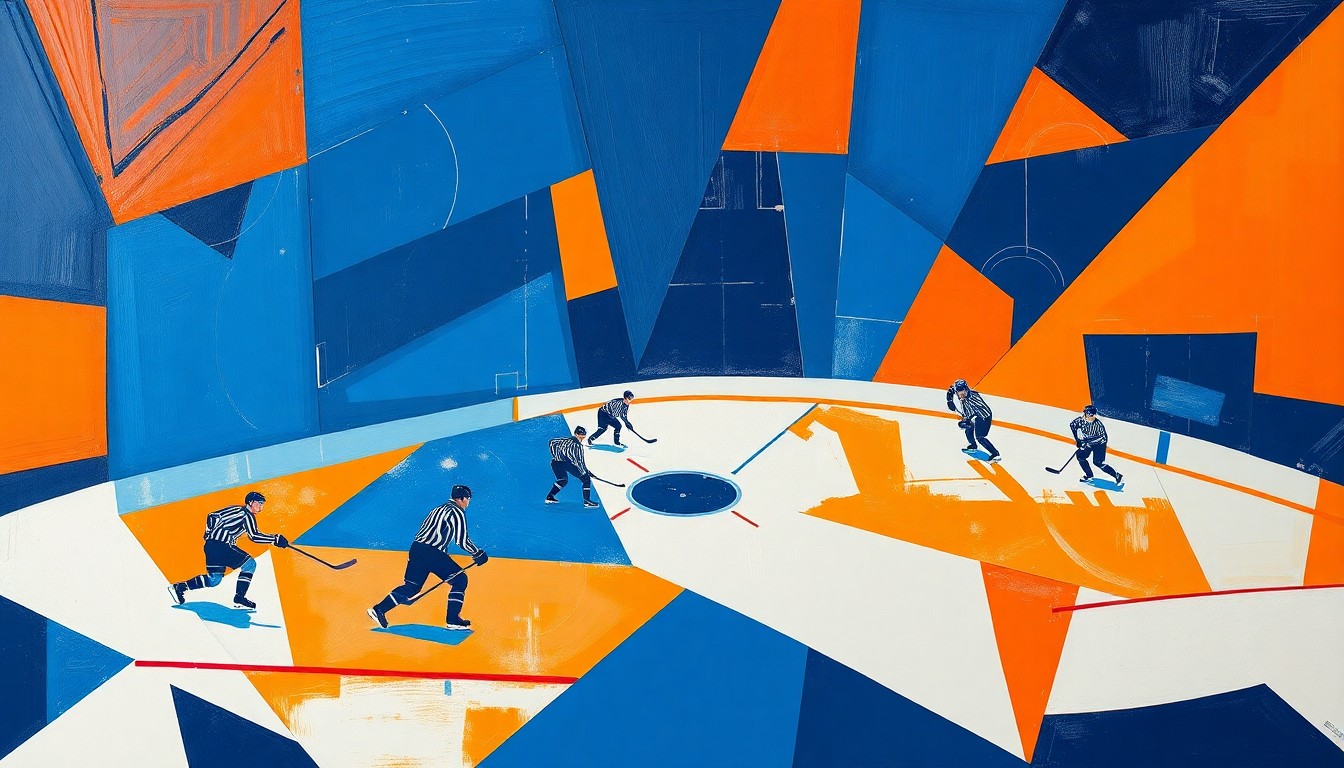 A cubist, geometric painting depicting a hockey game, with overlapping planes of navy blue, orange, and white representing the players, puck, and arena.