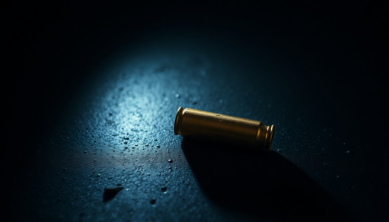 An extreme close-up photograph of a single spent bullet casing on a dark, textured surface, lit by a harsh, direct camera flash, conceptually representing the aftermath of a shooting incident without depicting any violence.