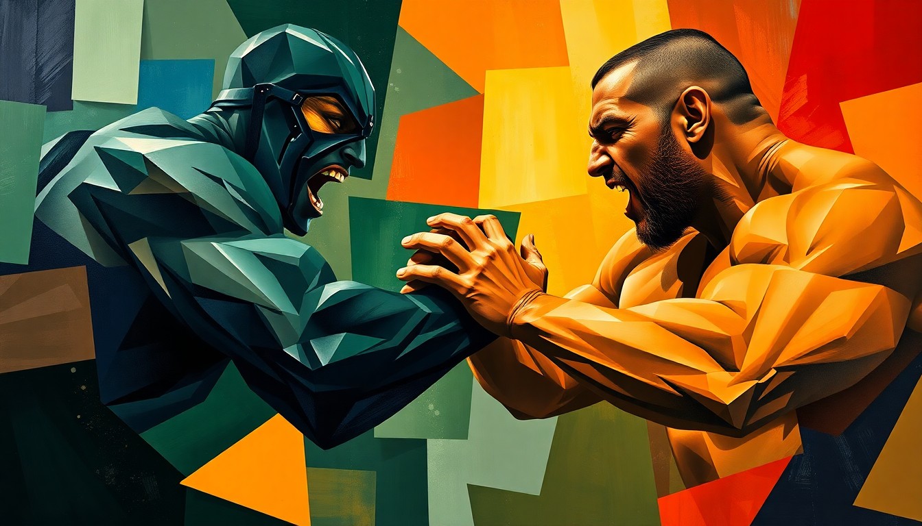 A fractured, geometric painting depicting the intense physicality of the wrestling match between Oba Femi and Brock Lesnar, with sharp planes of color and overlapping perspectives conveying the raw energy of the contest.