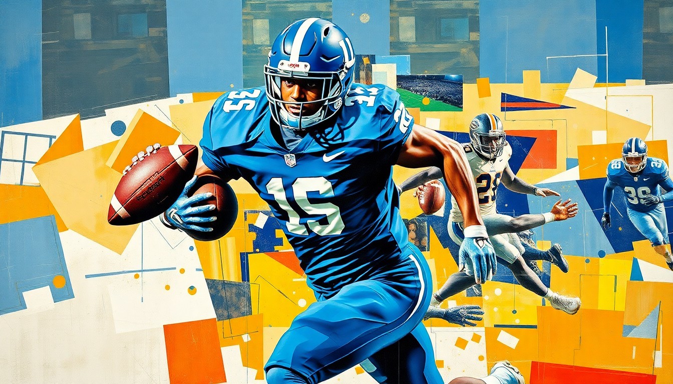 A cubist, geometric painting depicting a Duke football player in motion, with sharp, overlapping planes of color and form representing the dynamic energy of the sport.