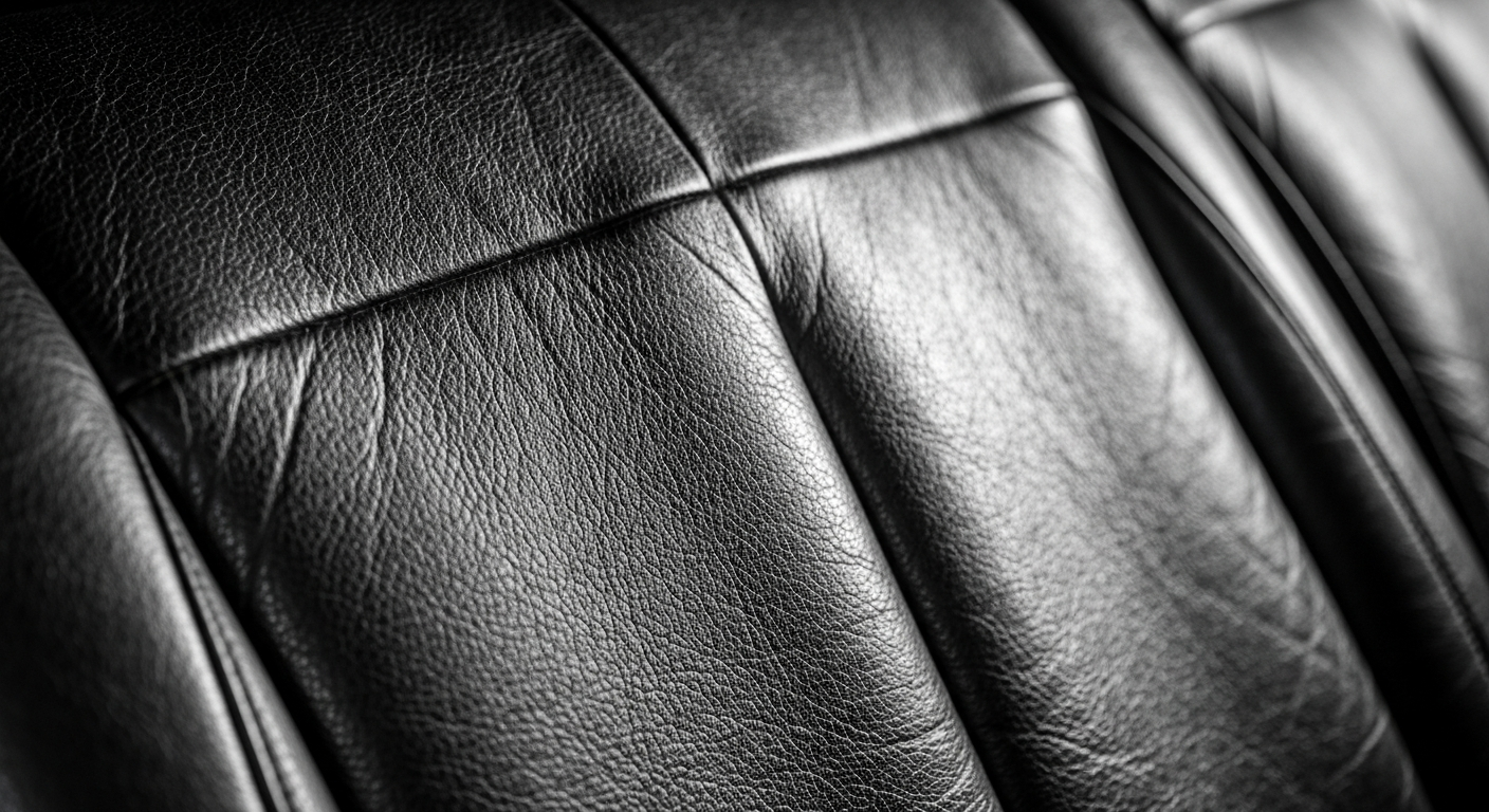An extreme close-up of the textured, pebbled leather of an automotive seat, capturing the rich patina and history of a family-owned auto repair shop.