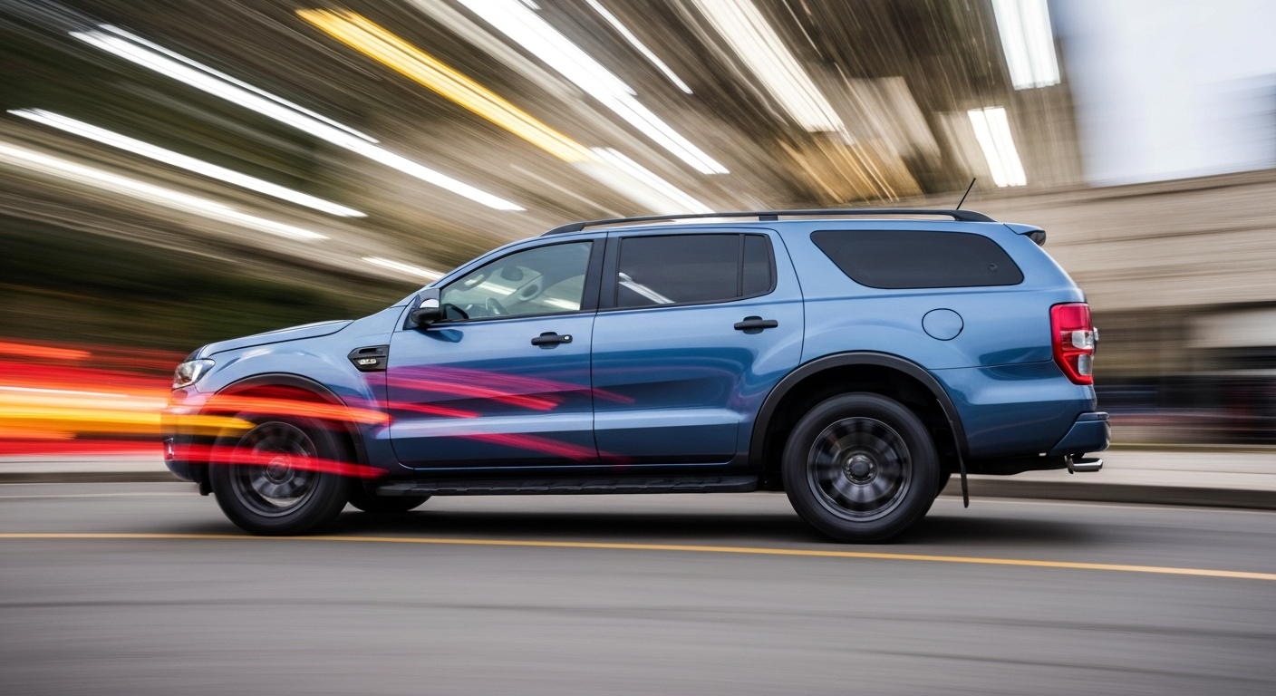 An abstract, colorful image of a Ford Ranger Limited Plus V6 2023 in motion, with the vehicle transformed into sweeping brushstrokes of vibrant hues, conveying a sense of speed and energy.