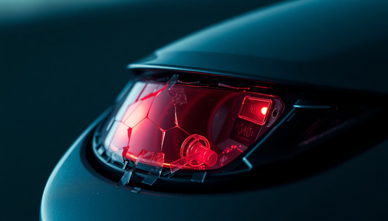 An extreme close-up of a shattered car sensor lens reflecting a faint red light, conceptually illustrating the vandalism of self-driving cars.