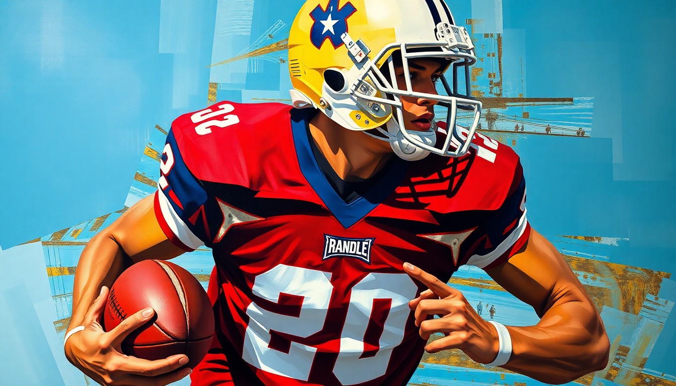 A fractured, geometric painting depicting a high school football player in motion, with their jersey number partially visible but face obscured, rendered in the cubist style with sharp, overlapping planes of color.