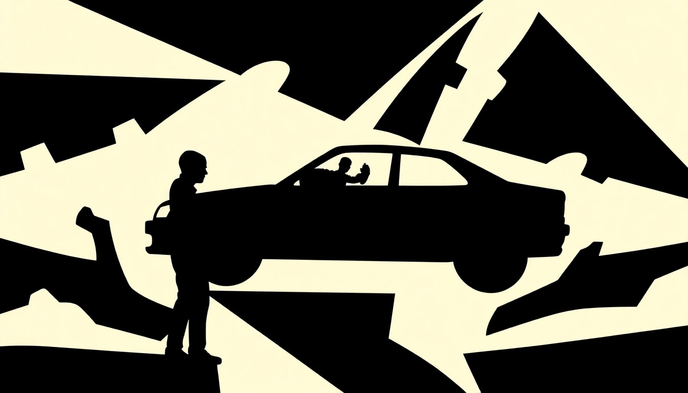 An abstract illustration featuring stark, jagged geometric shapes and heavy black silhouettes, conceptually representing the trade-offs and complexities of auto repair loans for consumers with bad credit.