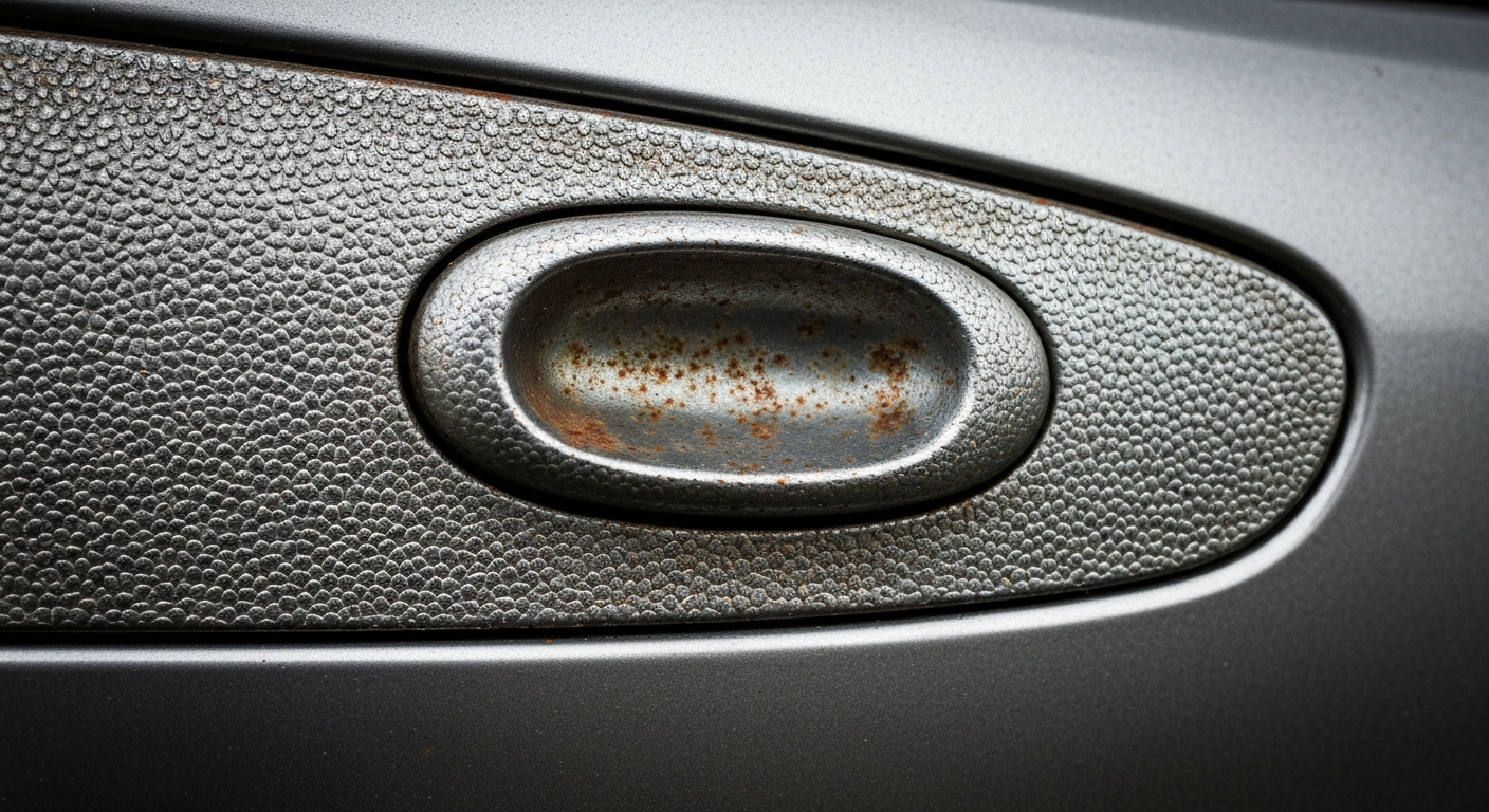 An extreme close-up of a textured, pebbled car door handle in shades of grey and rust, conceptually representing the resilience and longevity of a family-owned business.