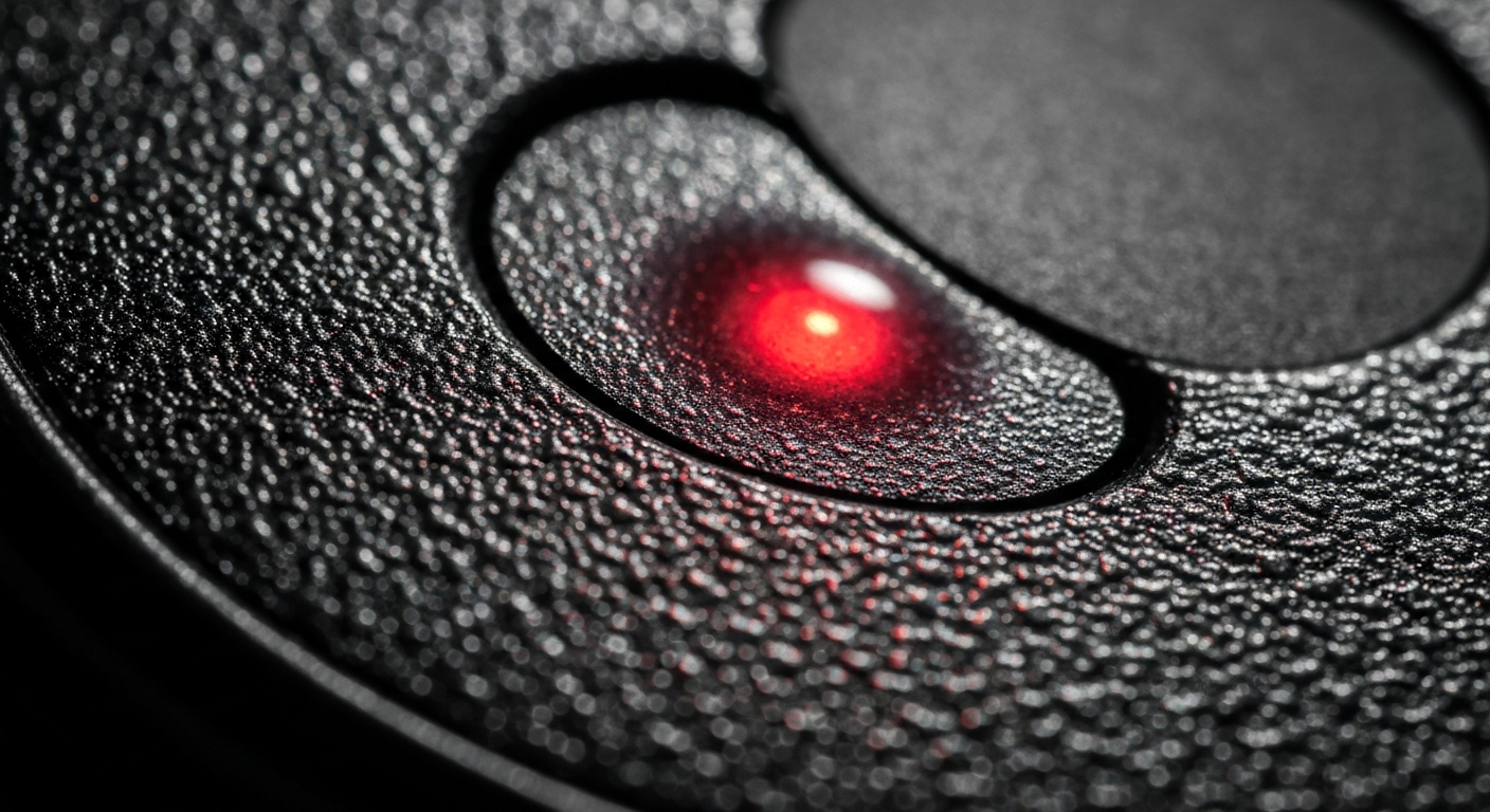 An extreme close-up of a shattered car sensor lens reflecting a faint red light, conceptually illustrating the vandalism of self-driving cars.