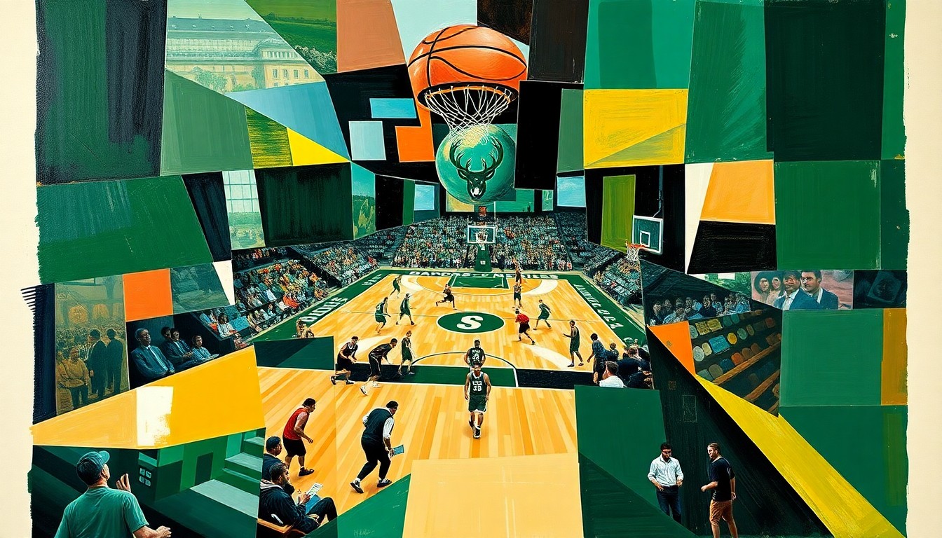 A cubist, geometric painting depicting a fragmented basketball court and players, conveying the sense of uncertainty and transition surrounding the Bucks organization.