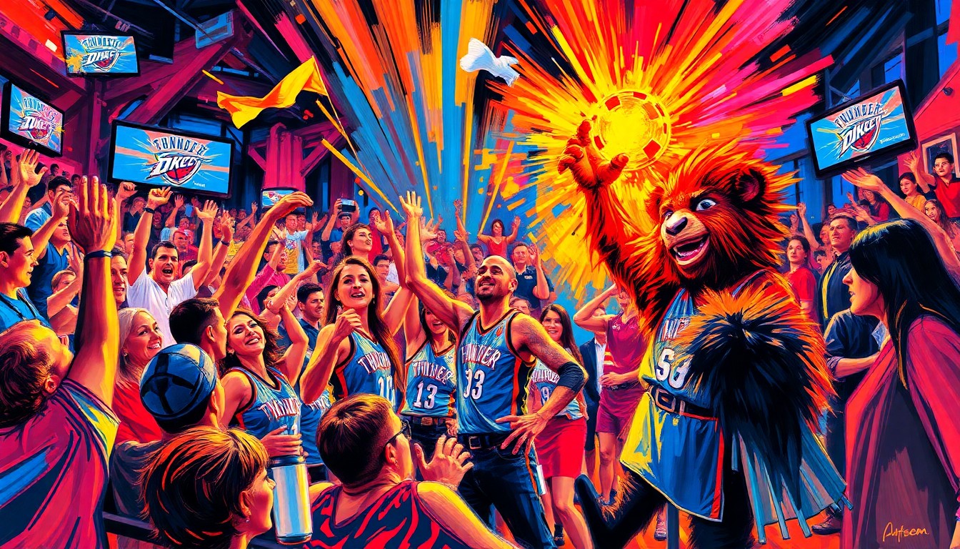 A vibrant, expressionist painting depicting the energy and excitement of a Thunder playoff rally, with fans cheering, the dance team performing, and the team mascot engaging the crowd, all rendered in a style of rapid, neon-colored brushstrokes.
