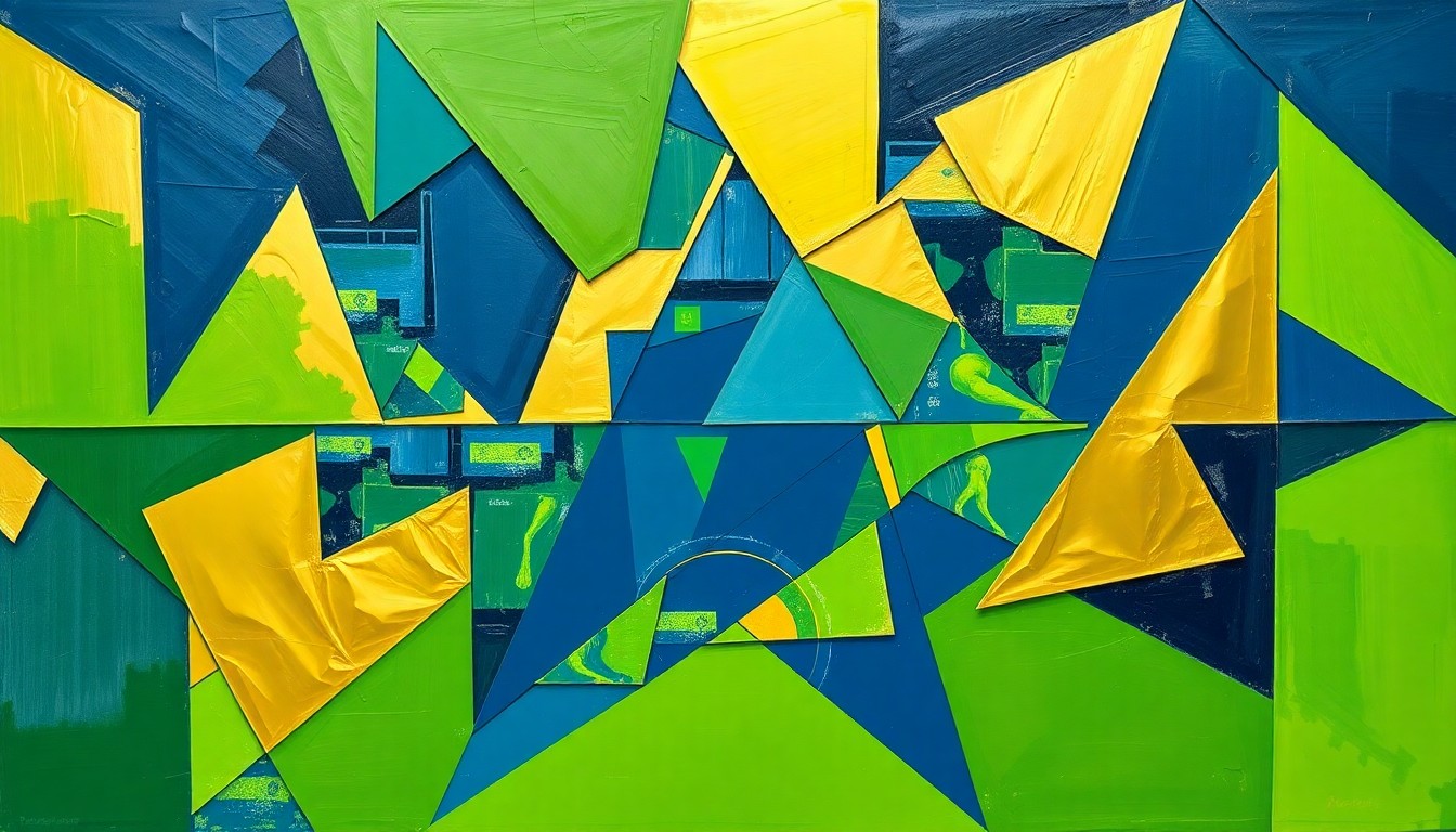 A cubist-style painting depicting a women's basketball game, with the players and court broken down into sharp, overlapping geometric shapes in navy, green, and gold, capturing the dynamic energy of the sport.