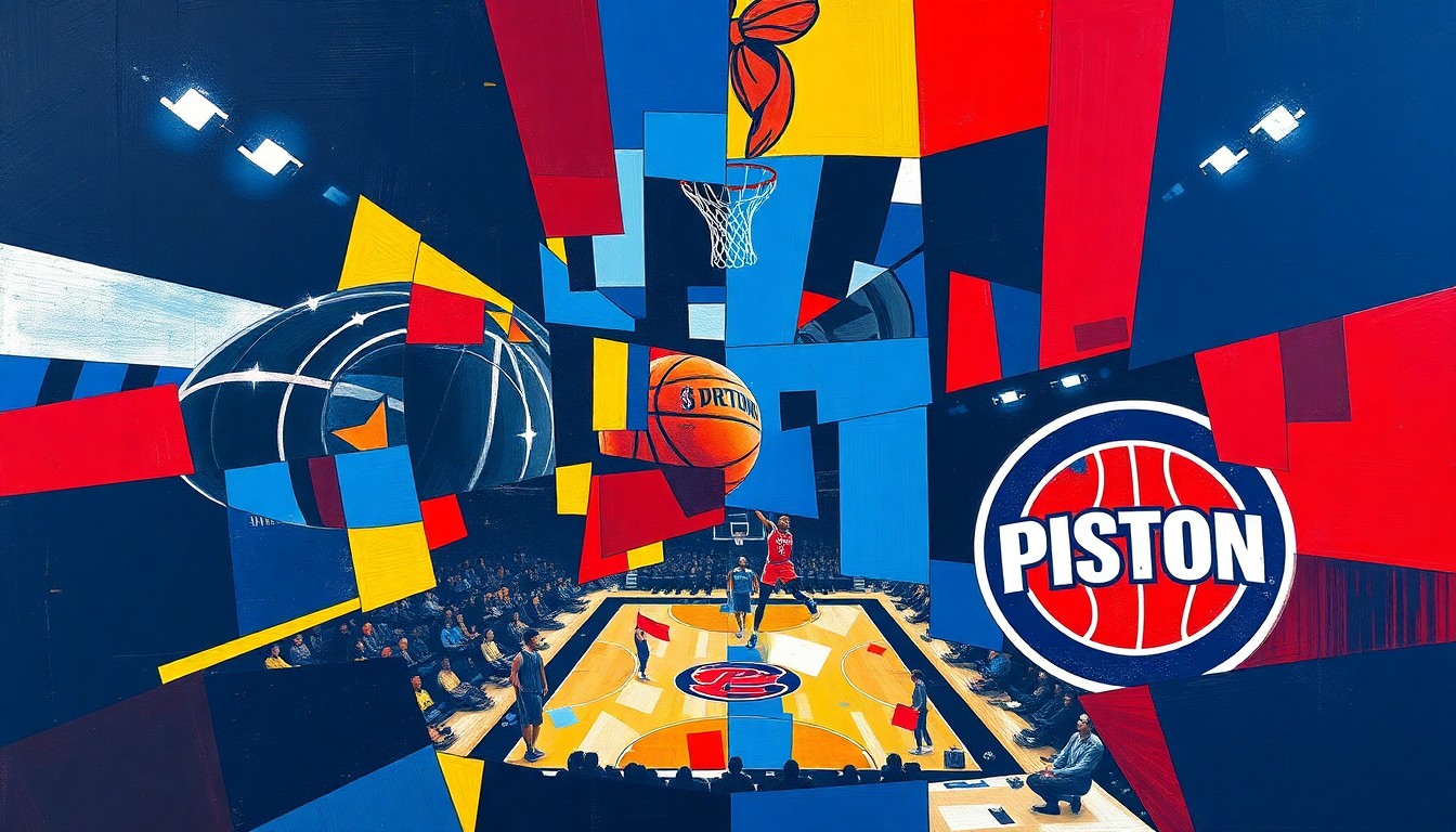 A fragmented, geometric painting depicting an abstract basketball game, with sharp planes of navy blue, red, and gold representing the competing teams.
