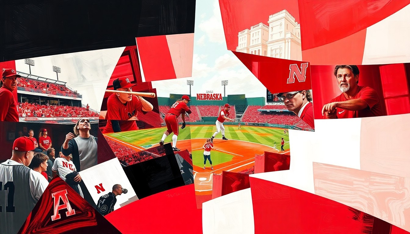 A cubist, geometric painting featuring overlapping planes of red, white, and black, capturing the dynamic energy and movement of a Nebraska softball game.