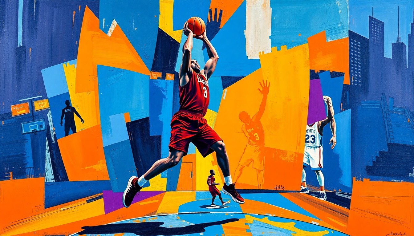 A cubist-style painting depicting a basketball player in motion, their body and movements broken down into sharp, overlapping geometric shapes in a vibrant color palette, conveying the energy and dynamism of the game.