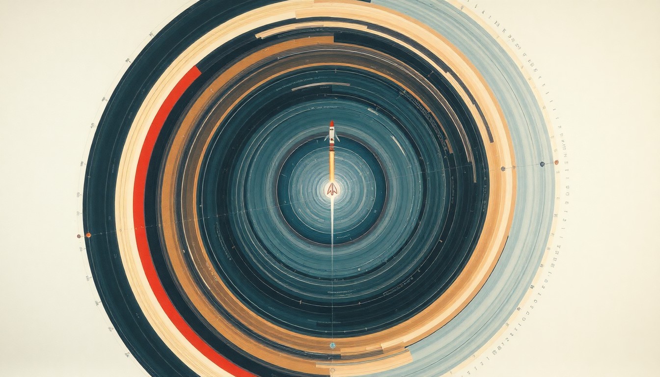 A highly structured abstract painting in soft, flat colors featuring sweeping geometric arcs, concentric circles, and precise spirals, conveying the complex physics and trajectories involved in a satellite launch without using any text or symbols.