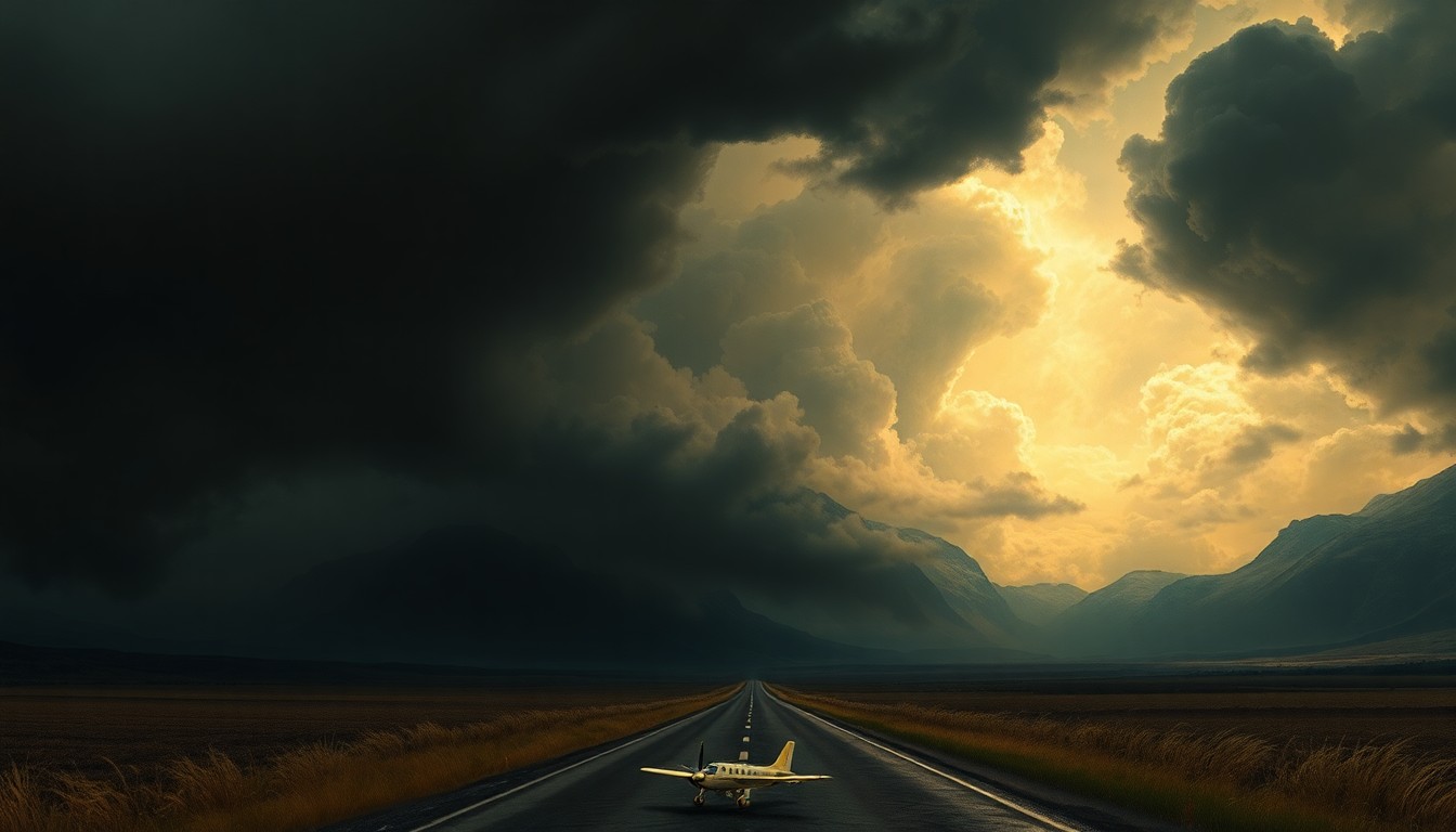 A dramatic landscape painting in the style of Caspar David Friedrich, with a small plane barely visible in the distance as it skids across an empty rural road, surrounded by an imposing, atmospheric storm.