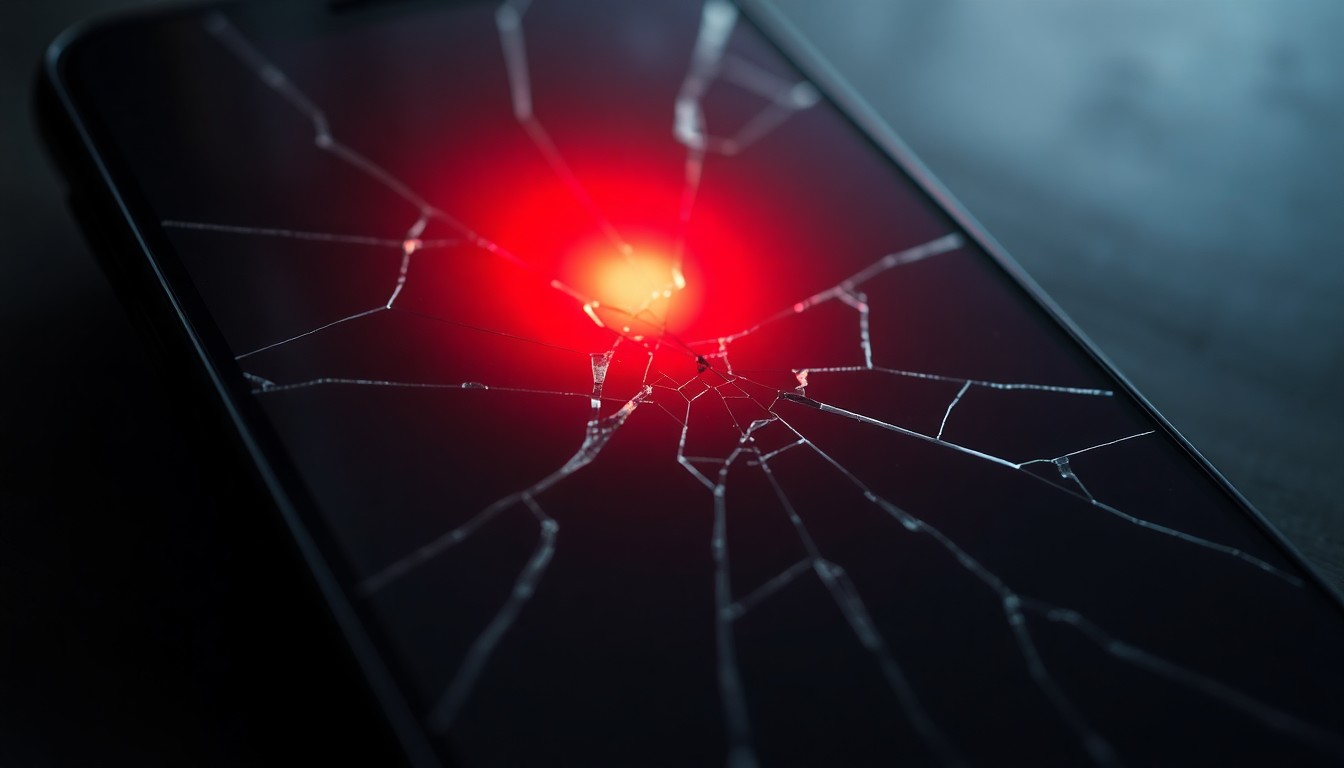 An extreme close-up of a shattered smartphone screen reflecting a faint red light, conceptually representing the recording of a sexual assault incident.