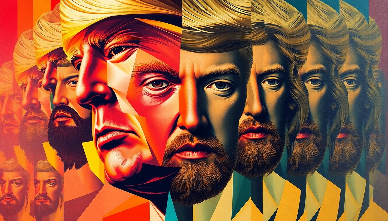 A dynamic, fragmented painting featuring overlapping, repeated images of Donald Trump's head and the figure of Jesus Christ, rendered in a bold, abstract style with clashing colors and geometric shapes, conceptually representing the former president's controversial religious stunts.