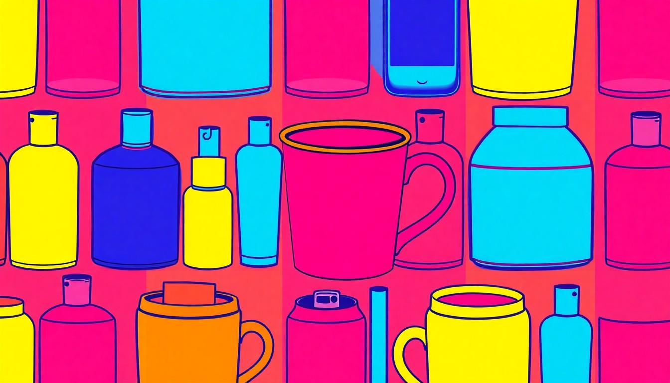 A brightly colored, high-contrast silkscreen print of a coffee mug repeated in a tight grid pattern, rendered in a vibrant neon color palette with heavy black outlines to capture the playful and absurd nature of the dumb things people say.