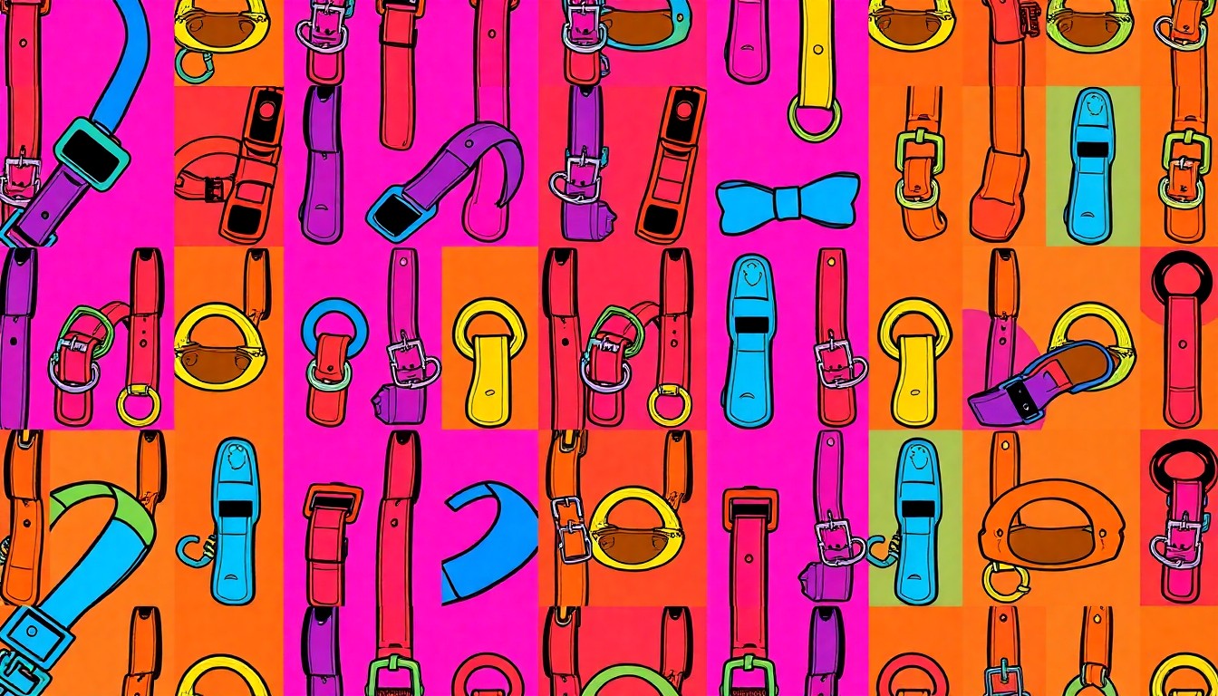 A high-contrast, silkscreen-style illustration featuring a repeating pattern of brightly colored pet collars and leashes in a bold, pop art style.