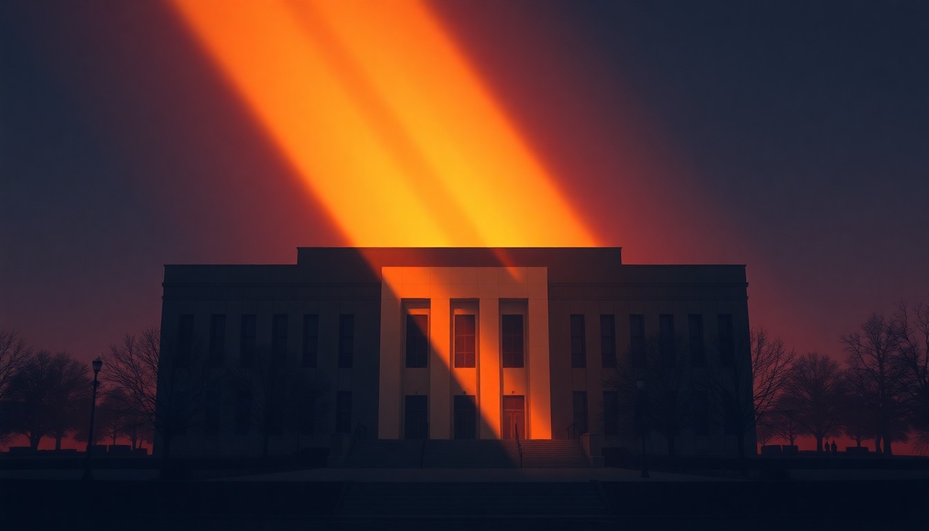 A photorealistic painting of the Alfred P. Murrah Federal Building in Oklahoma City, its facade illuminated by warm, golden sunlight casting long shadows across the scene, conveying a sense of quiet contemplation and reverence for the tragic event that occurred there.