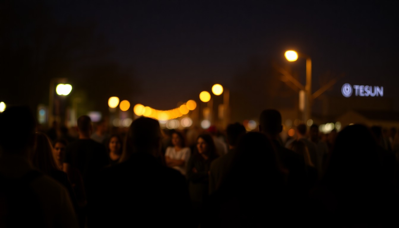 An abstract, out-of-focus photograph of a crowd of people walking at night, their figures obscured in a warm, hazy glow of light, conveying the atmospheric mood of a community religious event.