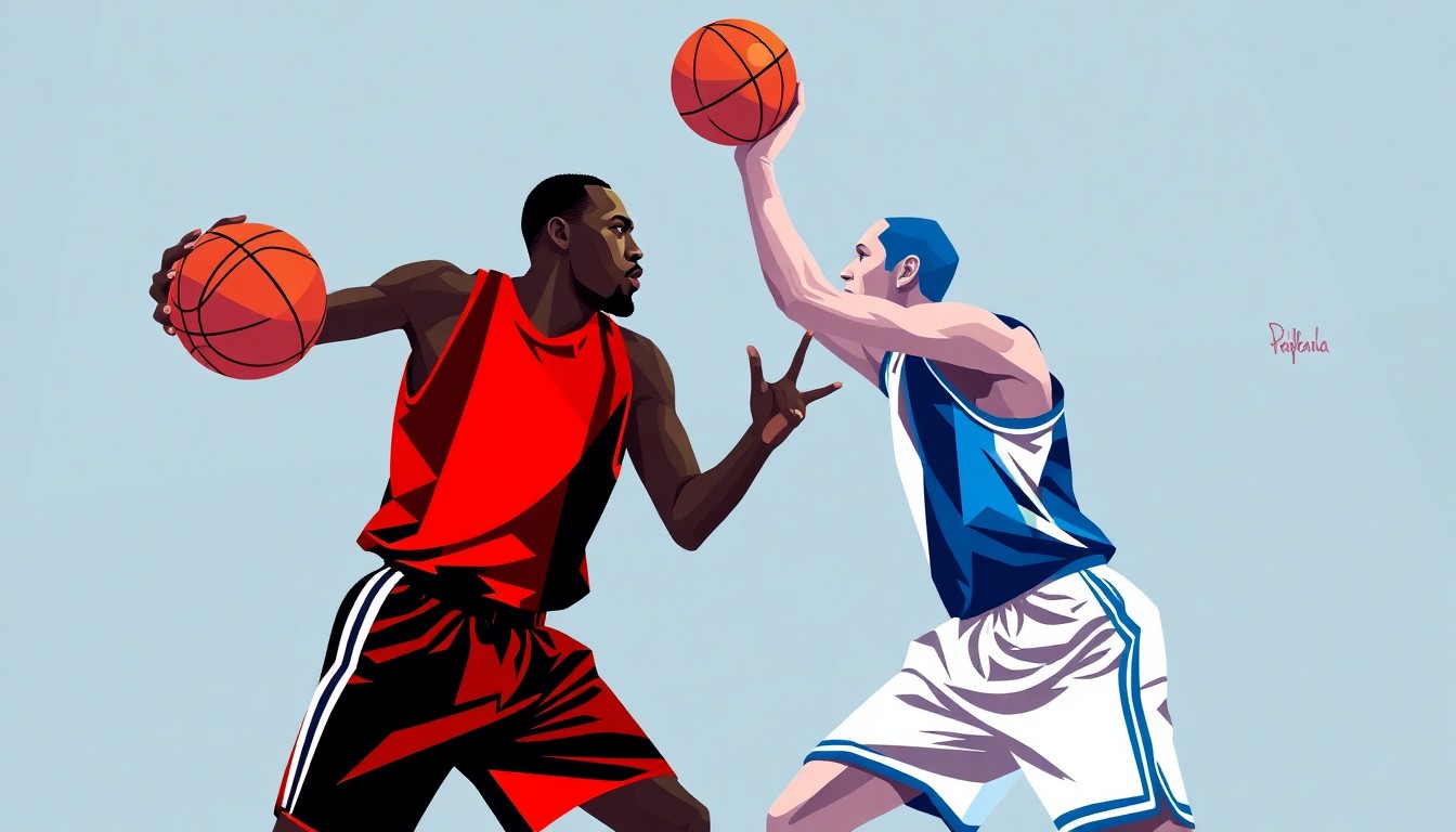 A cubist, geometric painting depicting two basketball players in an intense one-on-one match, their forms abstracted into sharp, overlapping planes of color.